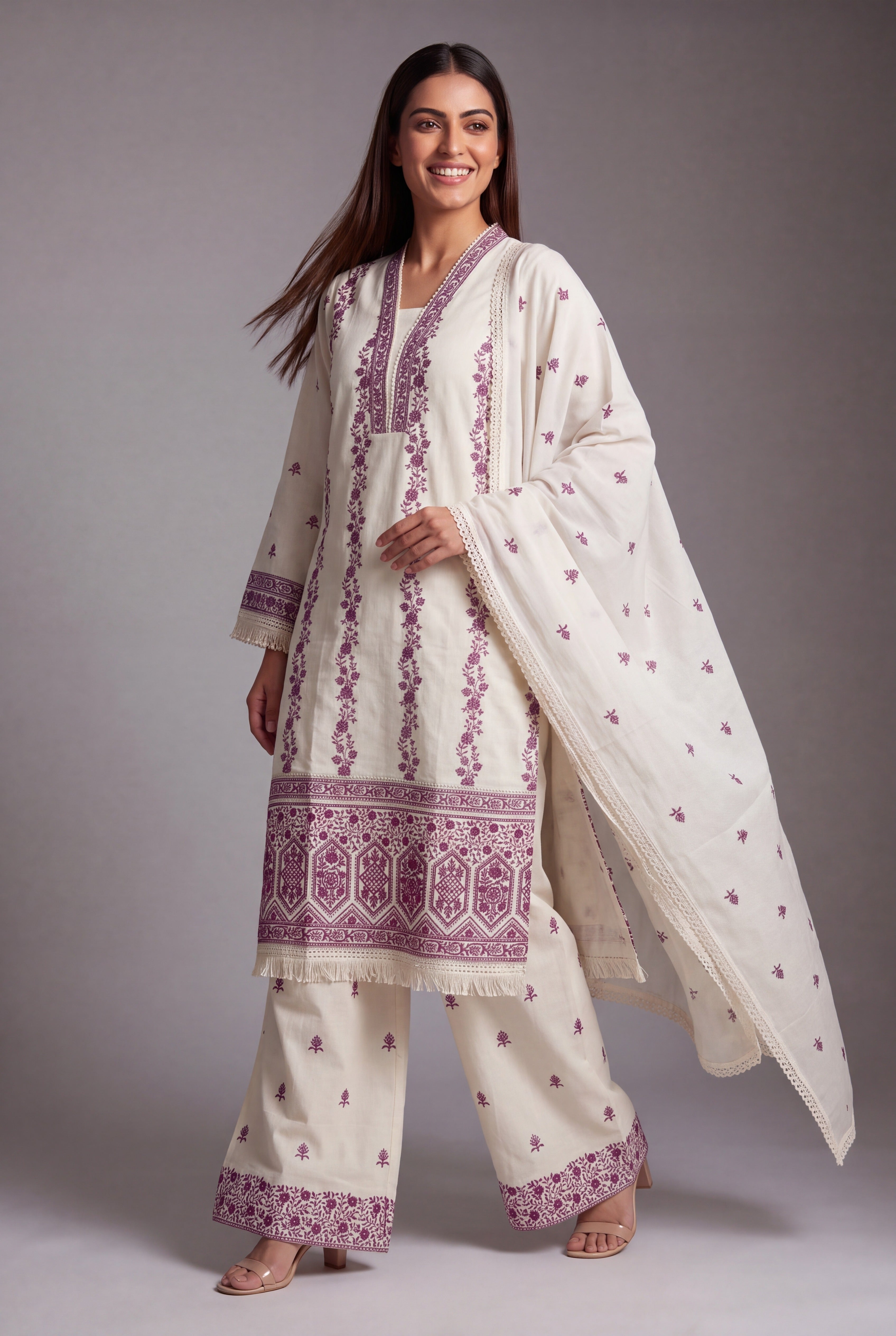 Cream Khadi Cotton Raktakusuma Suit Set with Burgundy threadwork, Sequin work and Palazzo pants