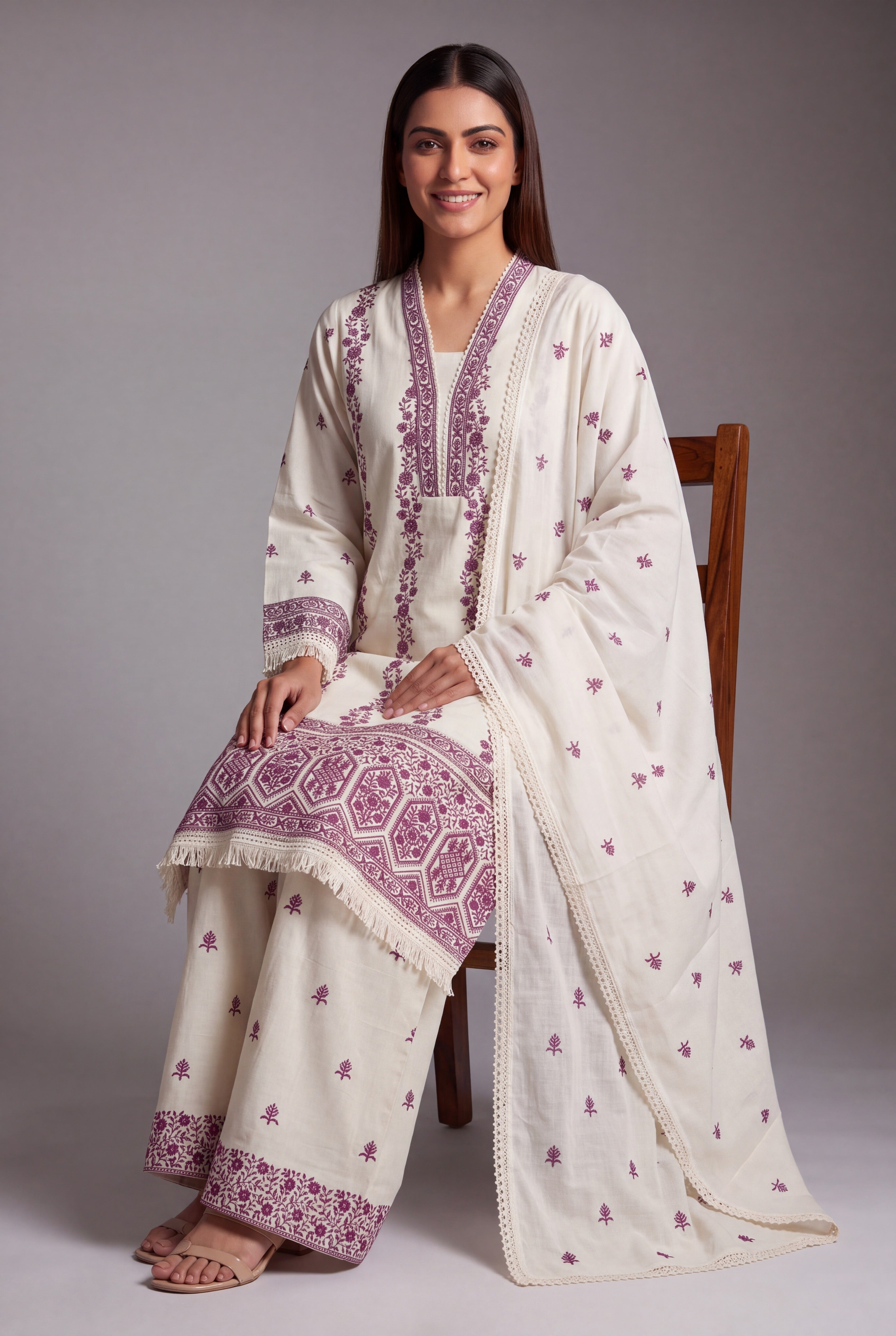 Cream Khadi Cotton Raktakusuma Suit Set with Burgundy threadwork, Sequin work and Palazzo pants