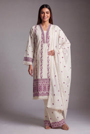 Cream Khadi Cotton Raktakusuma Suit Set with Burgundy threadwork, Sequin work and Palazzo pants