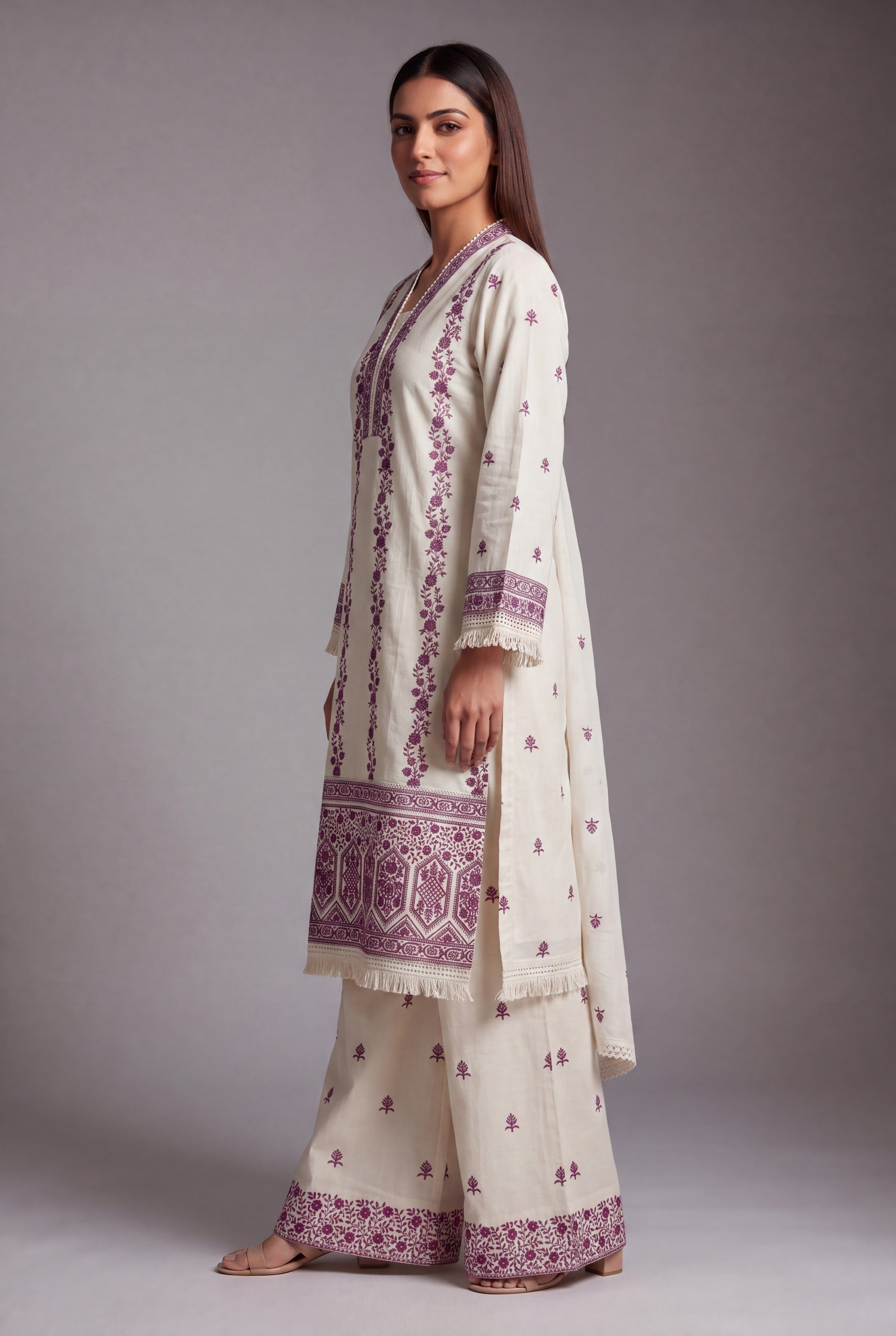 Cream Khadi Cotton Raktakusuma Suit Set with Burgundy threadwork, Sequin work and Palazzo pants
