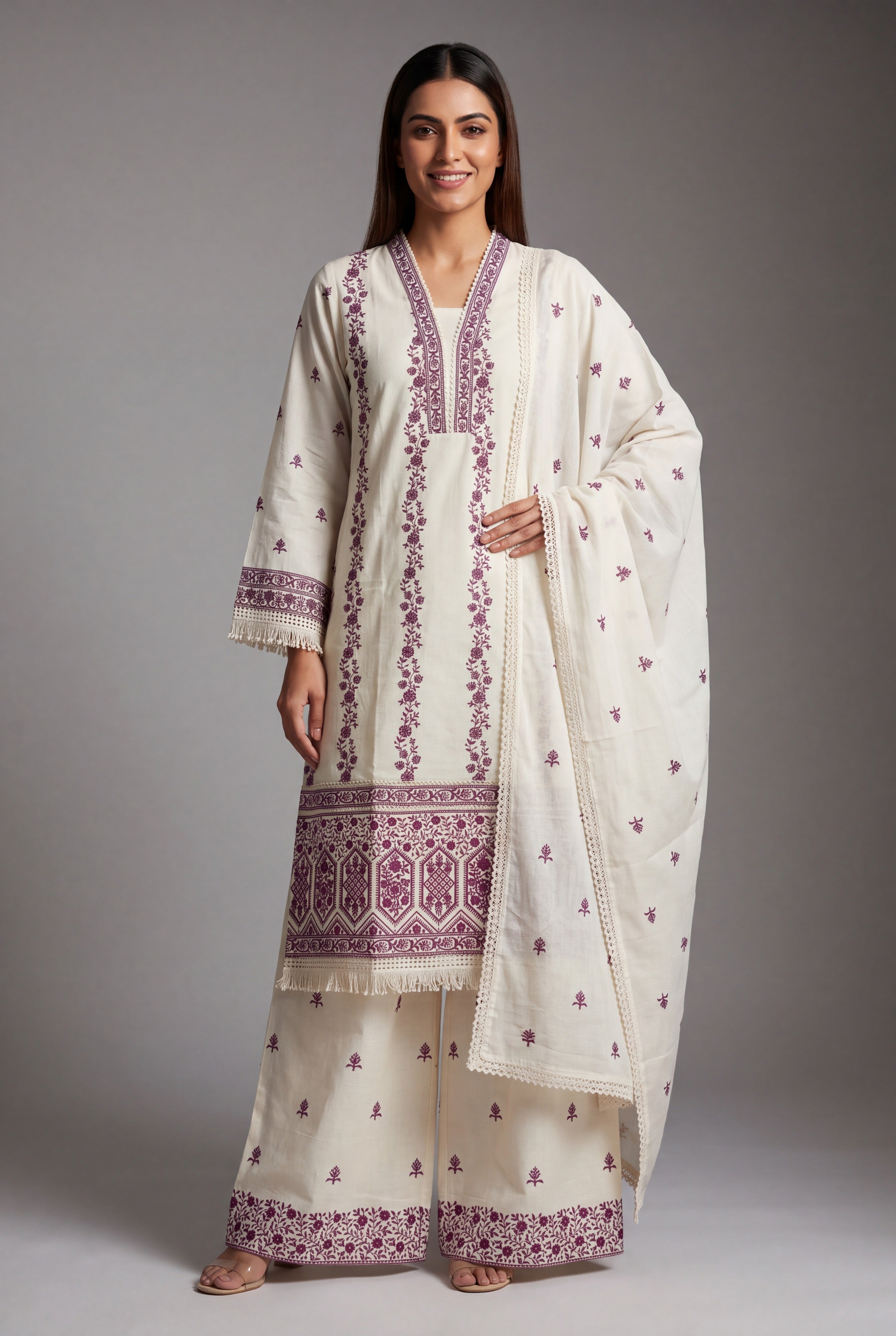 Cream Khadi Cotton Raktakusuma Suit Set with Burgundy threadwork, Sequin work and Palazzo pants