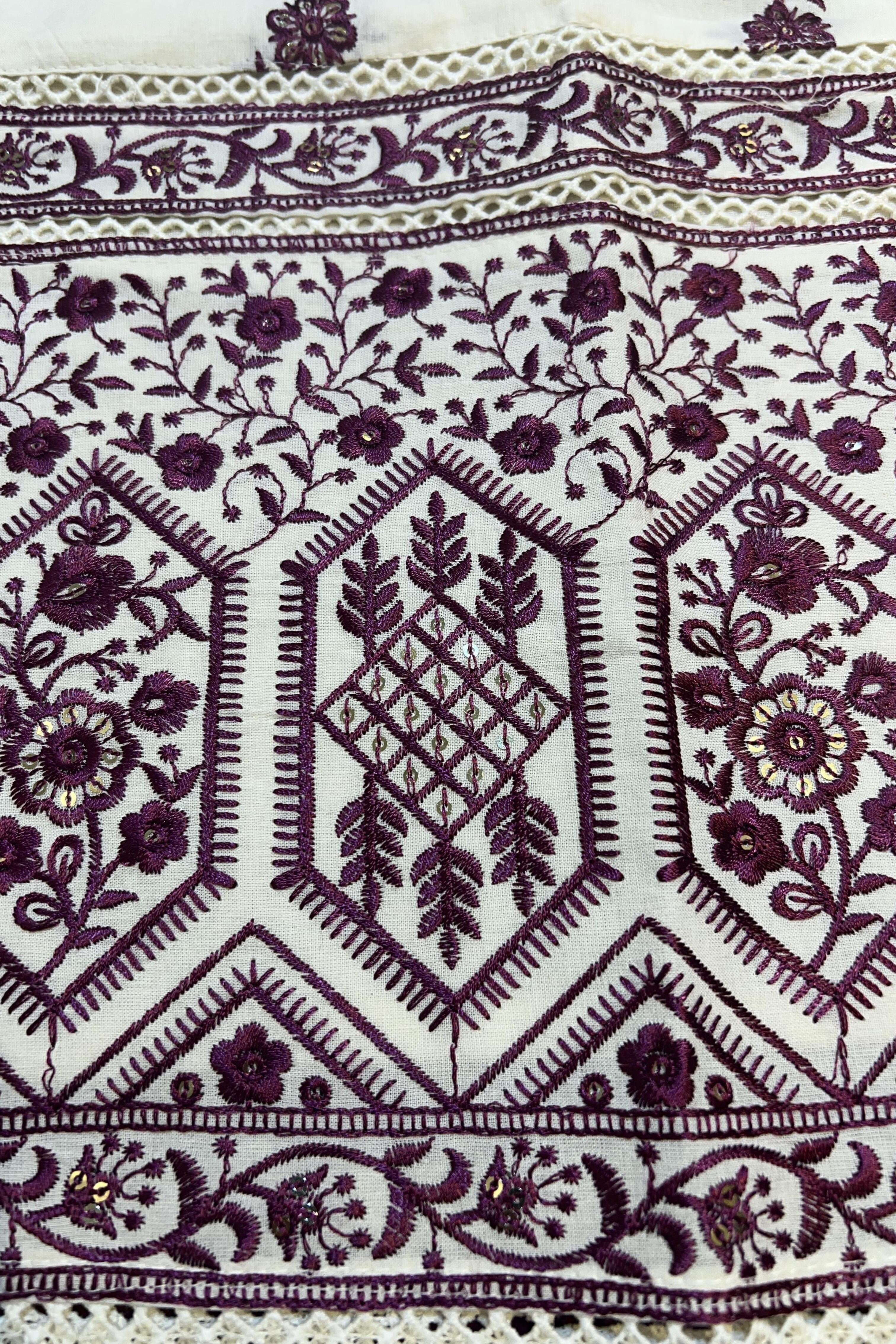 Cream Khadi Cotton Raktakusuma Suit Set with Burgundy threadwork, Sequin work and Palazzo pants