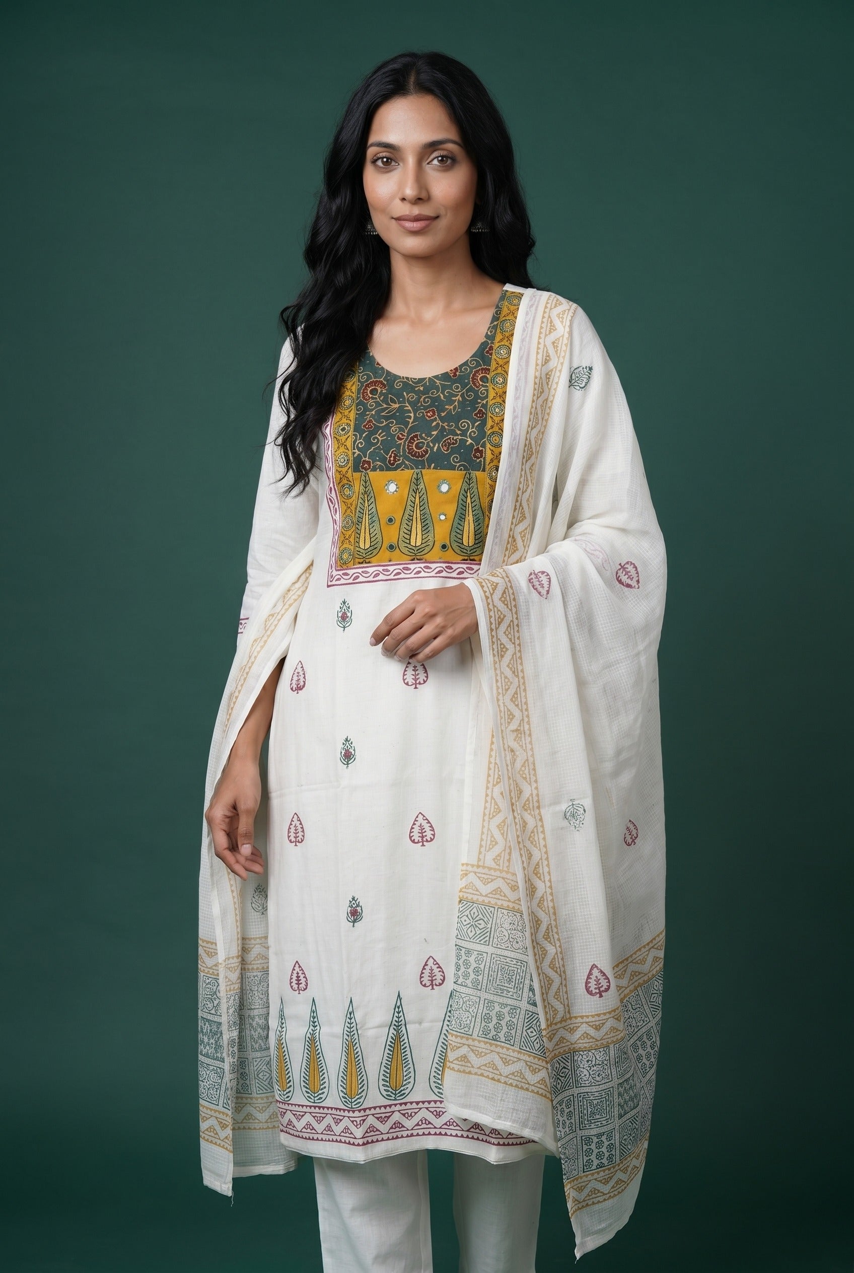 Cream Khadi Cotton Suit Set with Vanika print