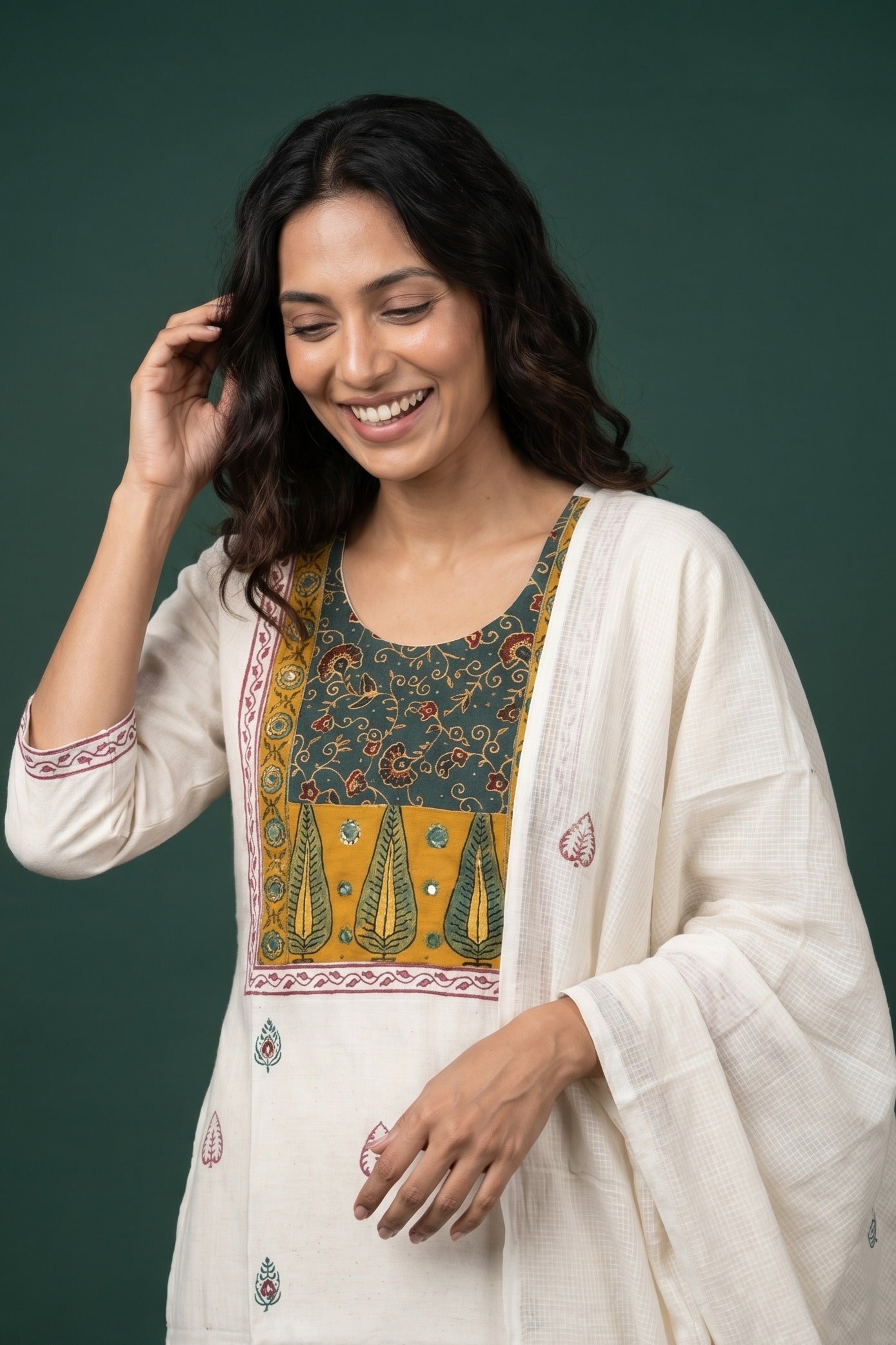 Cream Khadi Cotton Suit Set with Vanika print