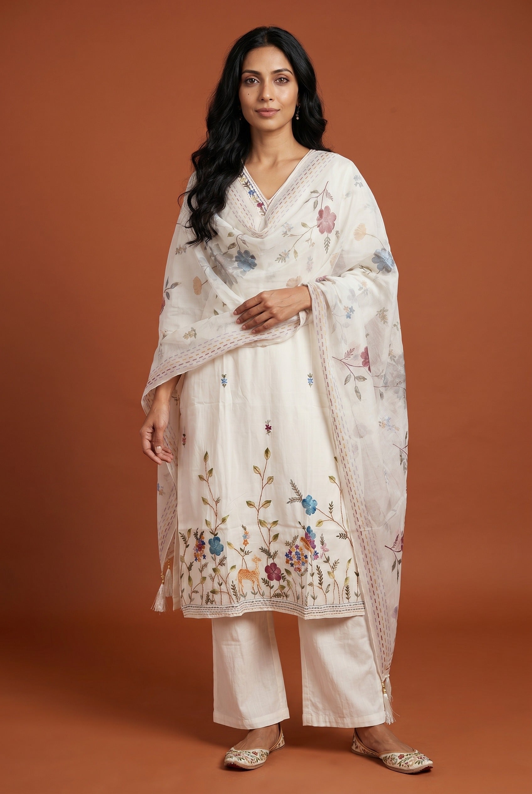 Cream Mul Crepe Salwar Kameez with Resham Mriganvana threadwork
