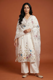 Cream Mul Crepe Salwar Kameez with Resham Mriganvana threadwork