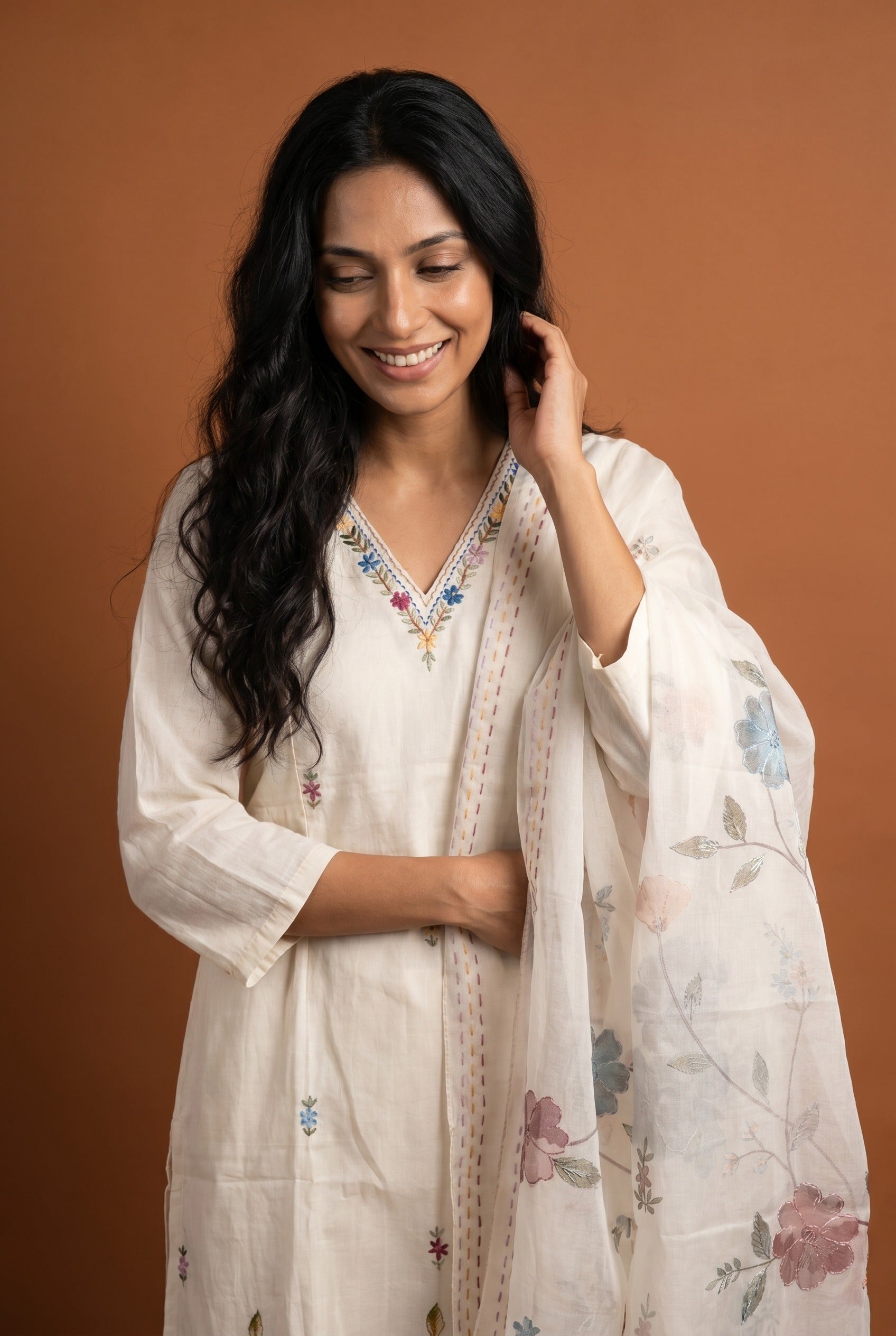 Cream Mul Crepe Salwar Kameez with Resham Mriganvana threadwork