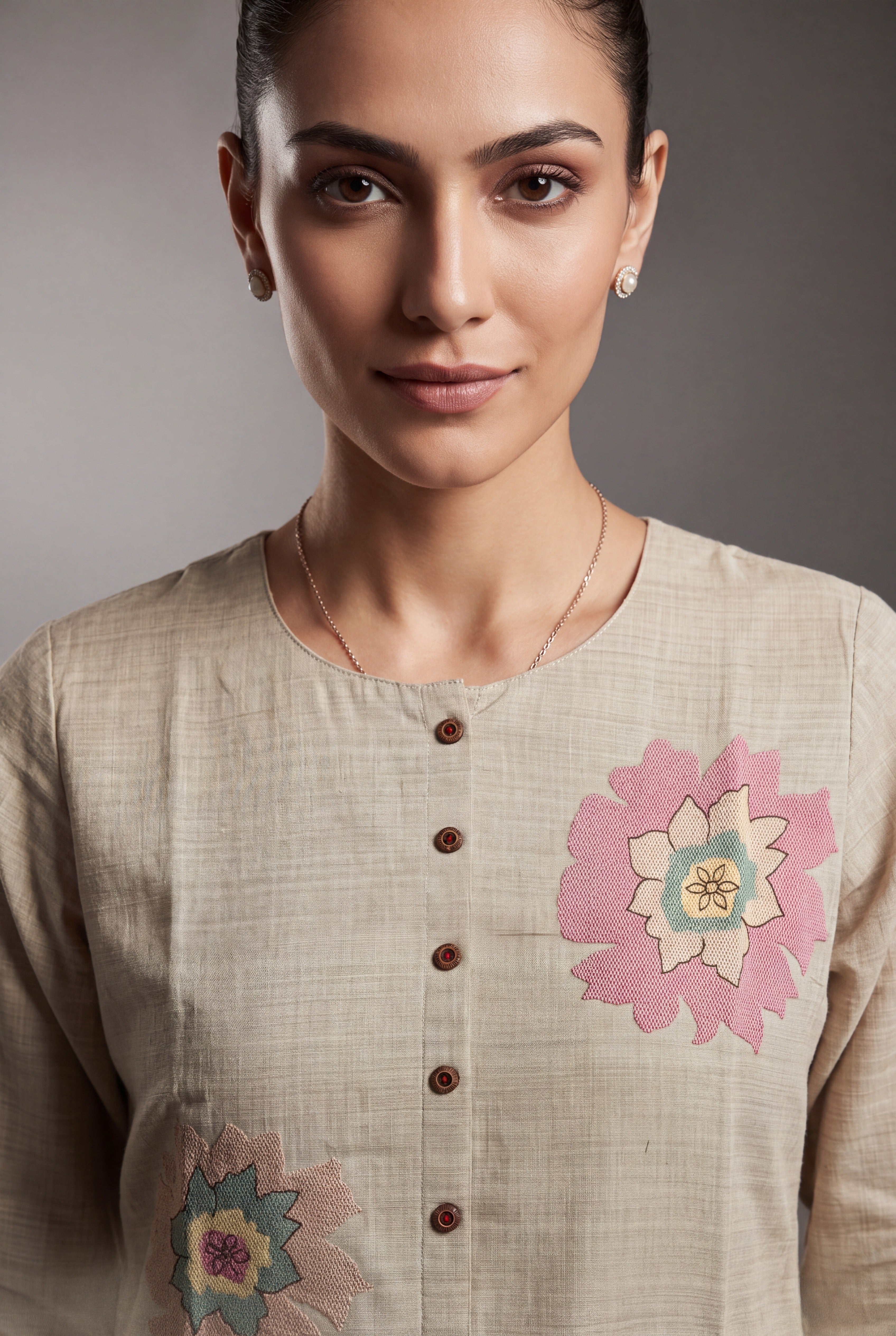 Cream Sumanah Kurti with Floral patchwork