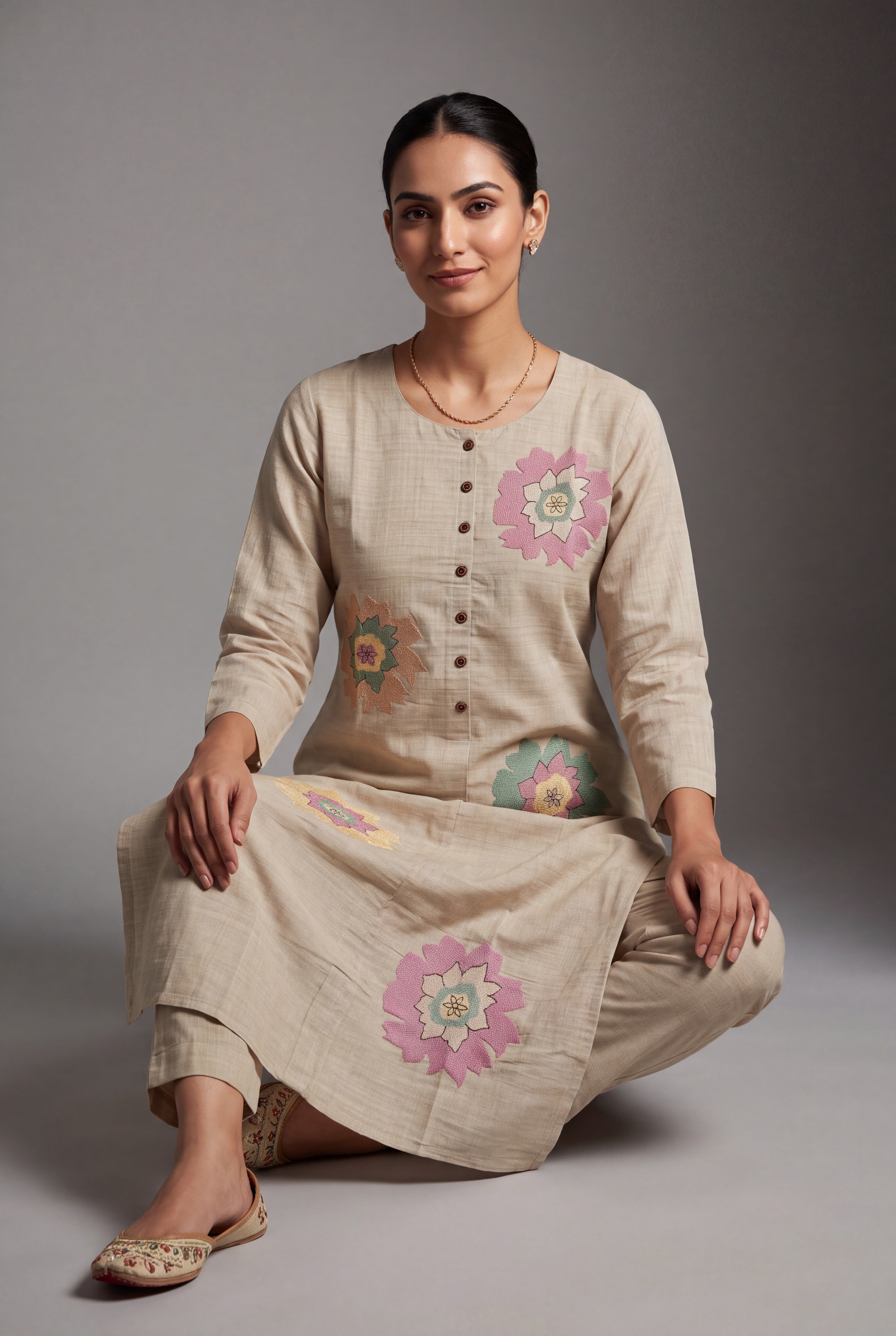 Cream Sumanah Kurti with Floral patchwork