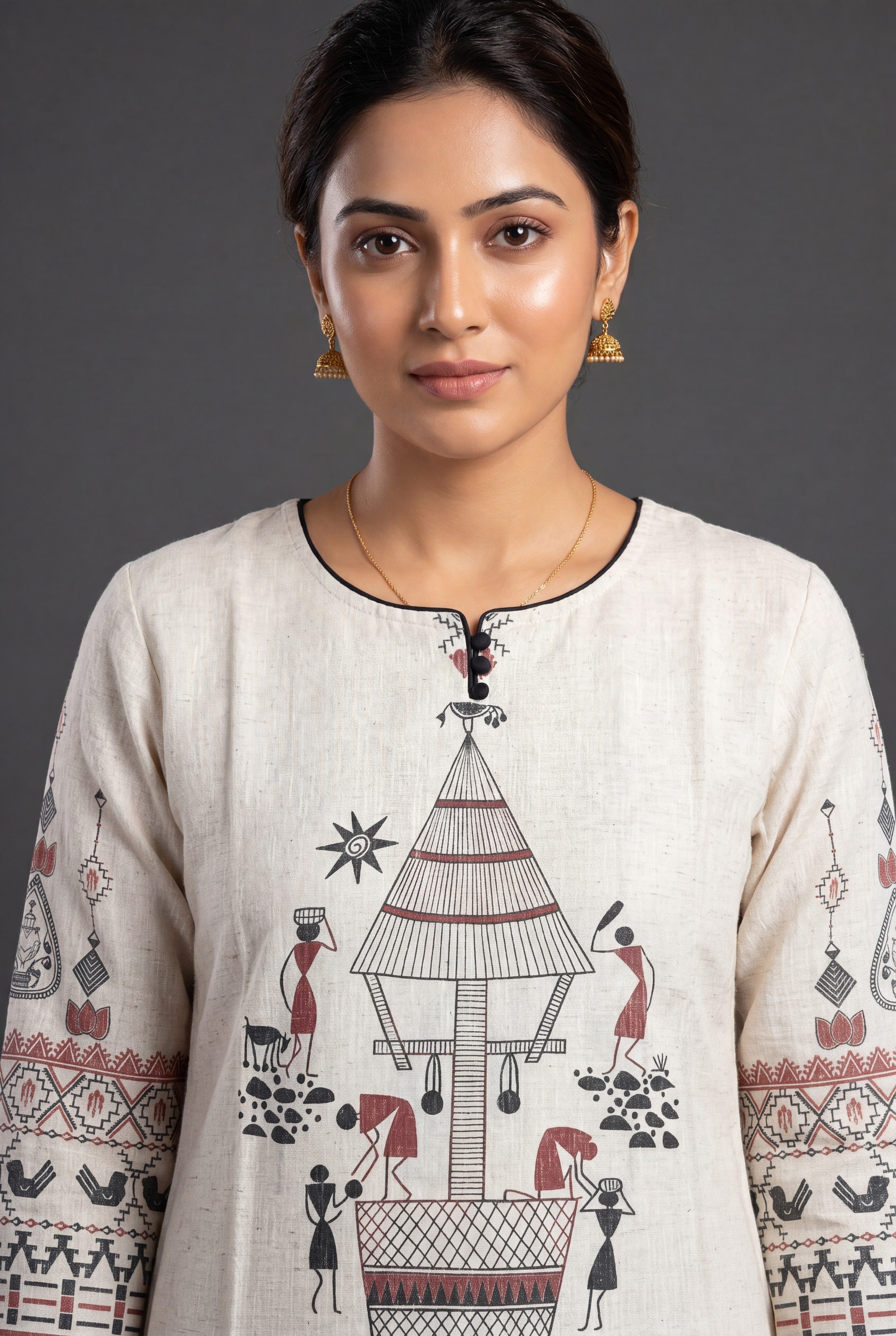 Cream Vasudha Khadi Cotton Kurti with Crimson Warli Tribal Print