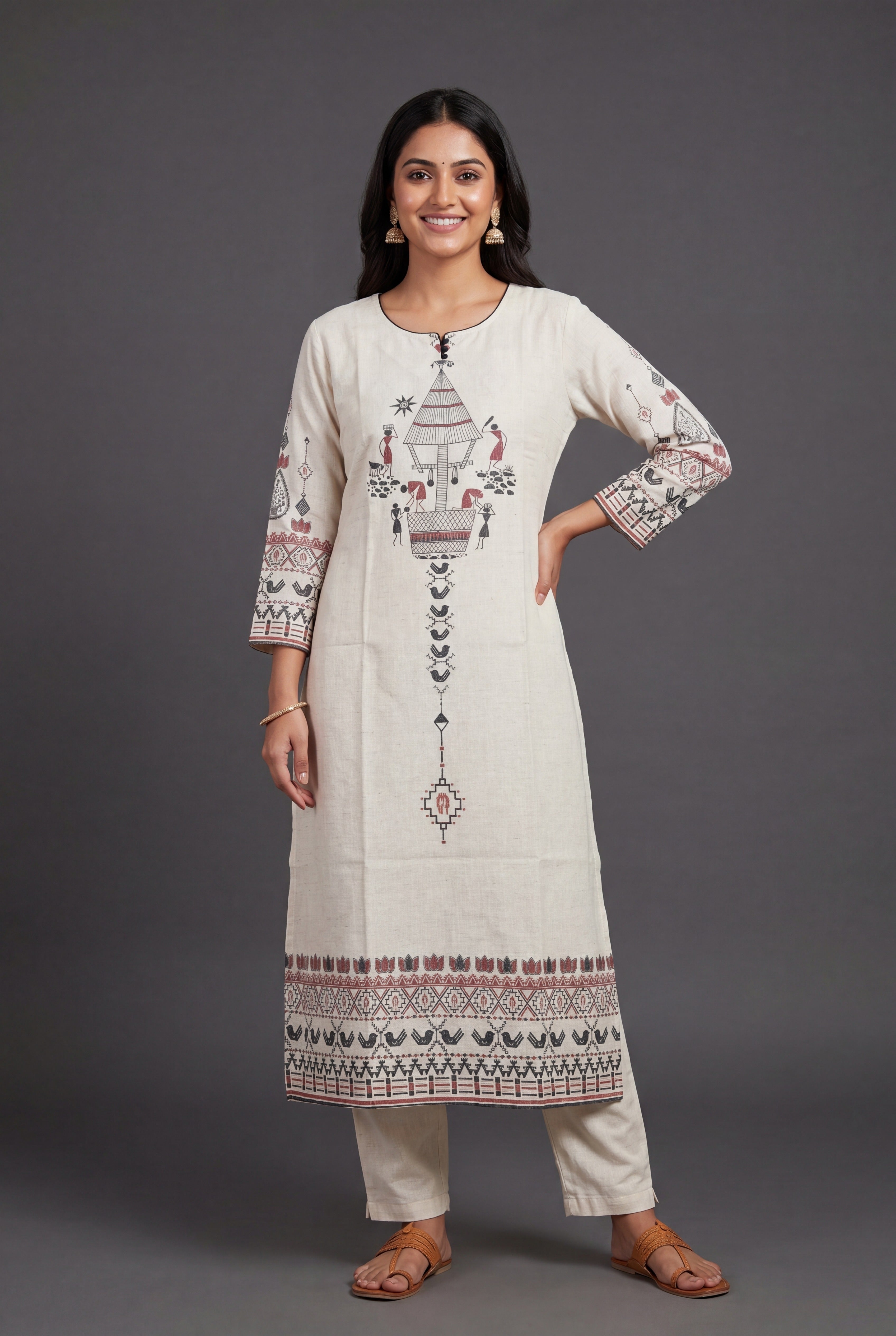 Cream Vasudha Khadi Cotton Kurti with Crimson Warli Tribal Print