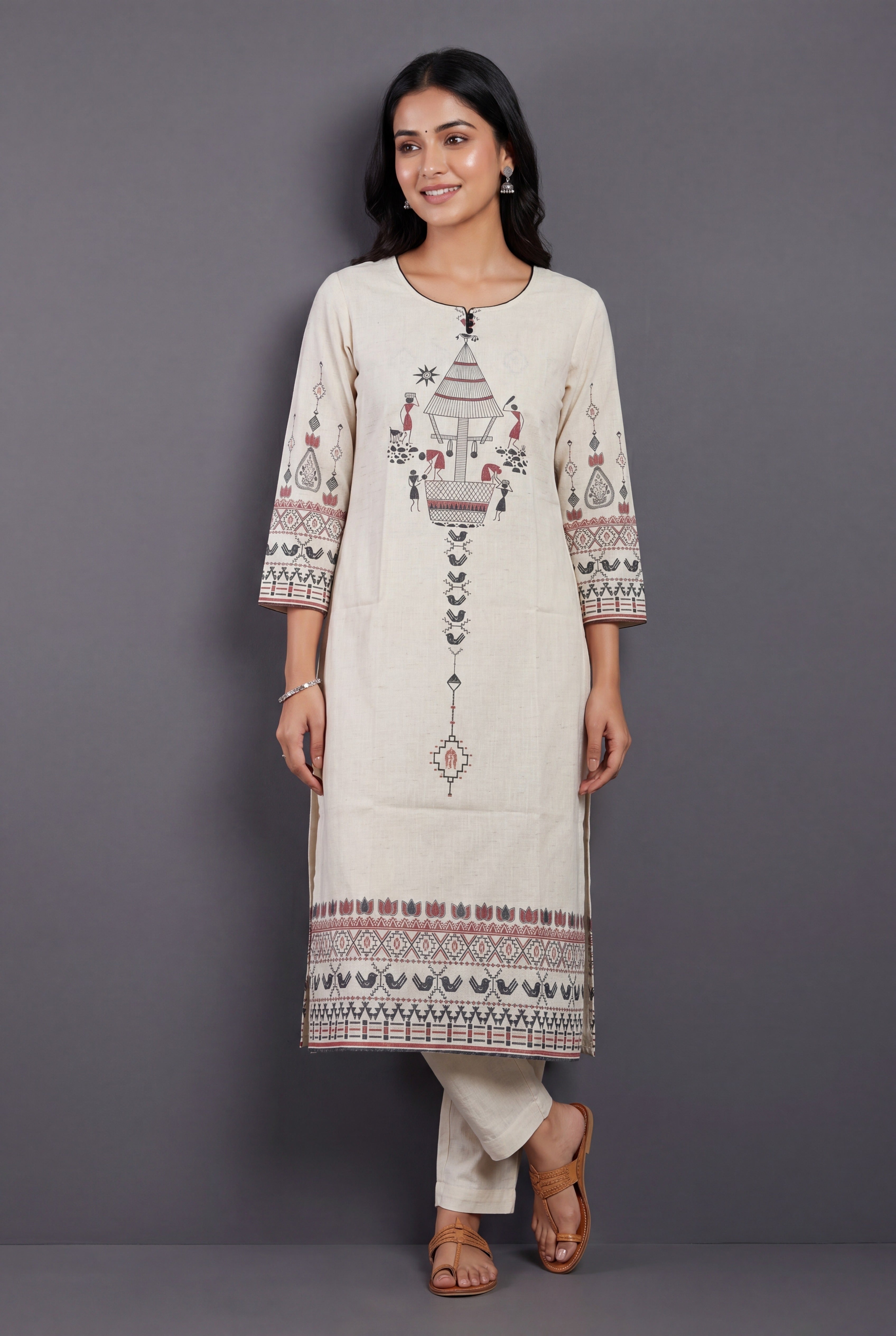 Cream Vasudha Khadi Cotton Kurti with Crimson Warli Tribal Print