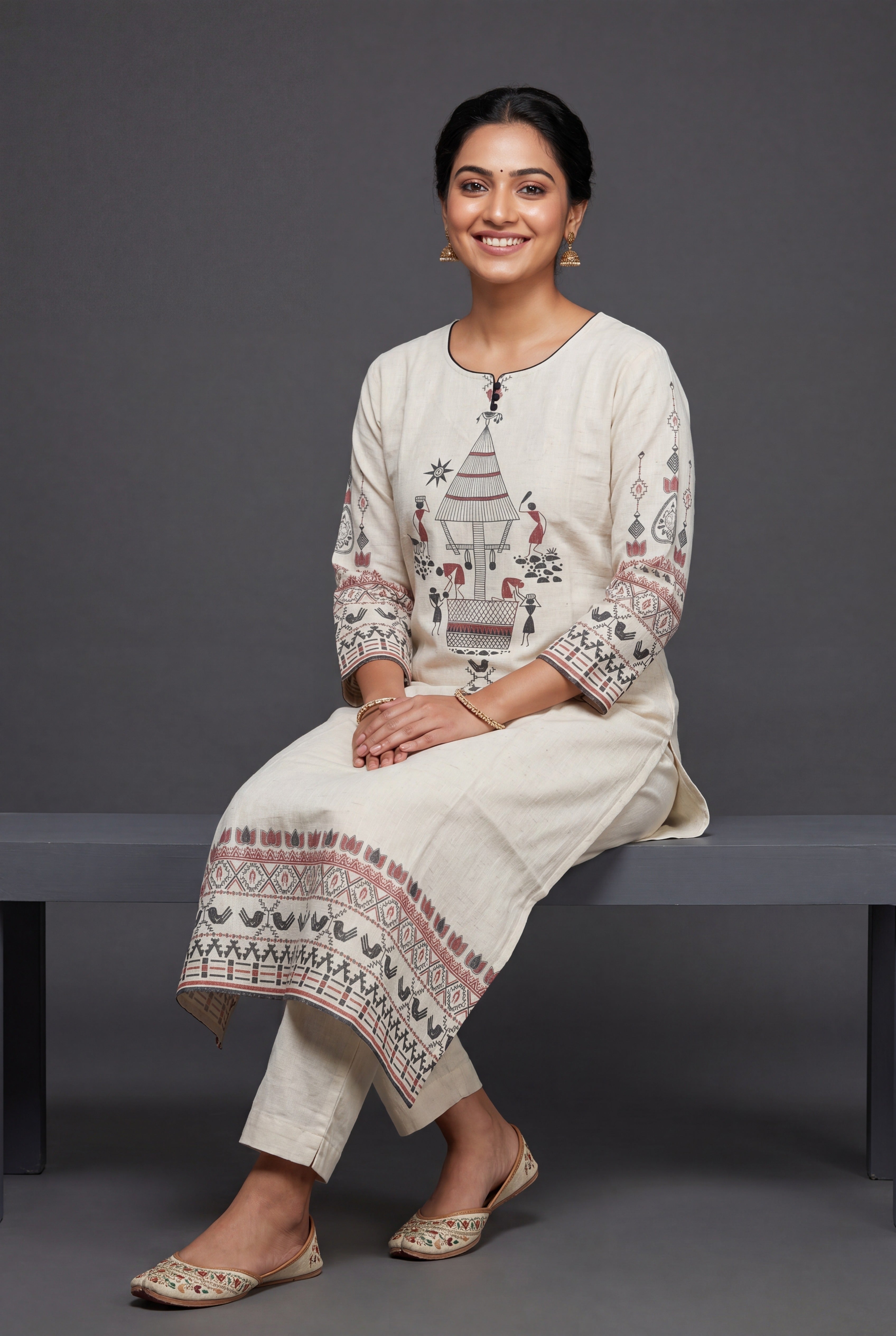 Cream Vasudha Khadi Cotton Kurti with Crimson Warli Tribal Print