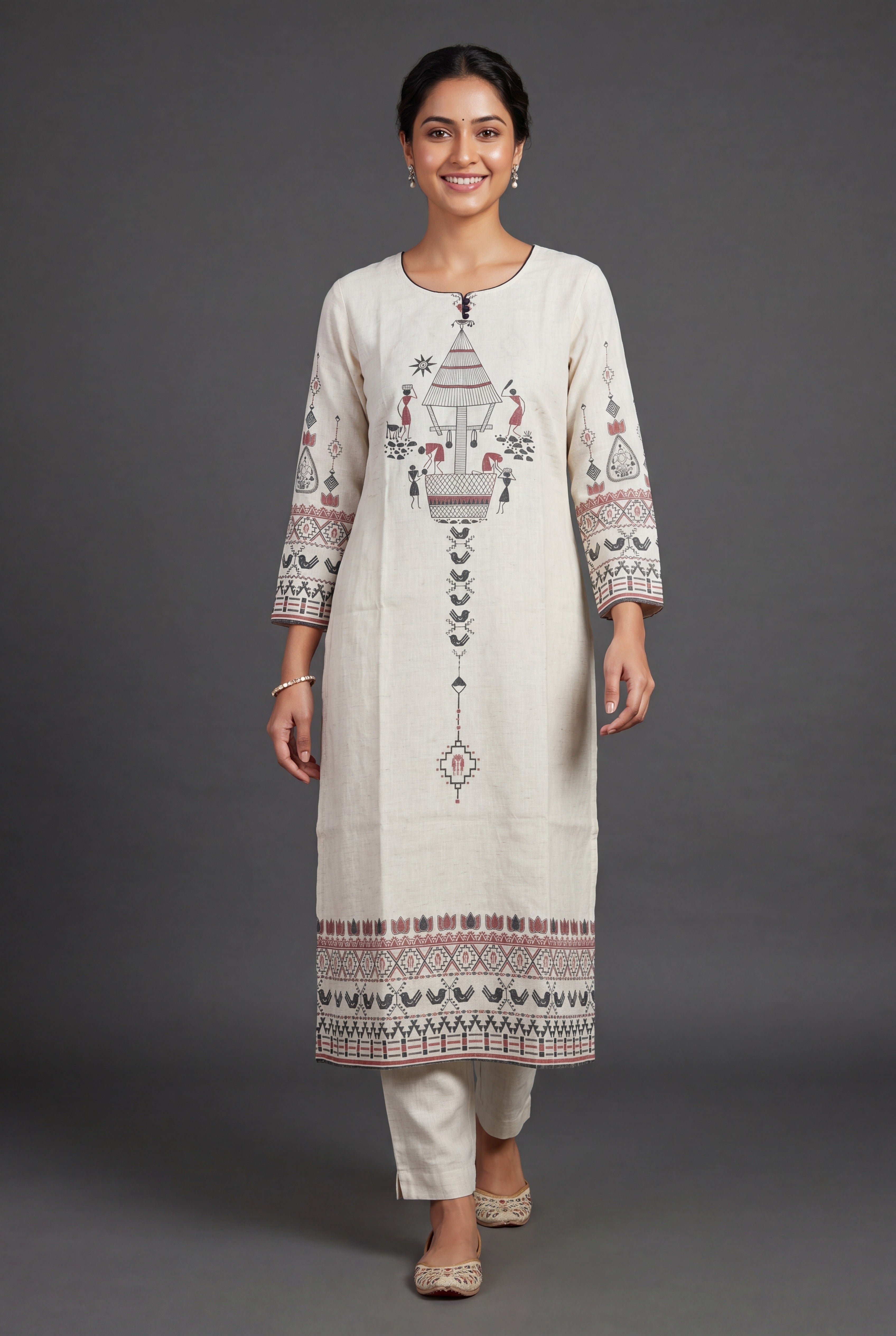 Cream Vasudha Khadi Cotton Kurti with Crimson Warli Tribal Print