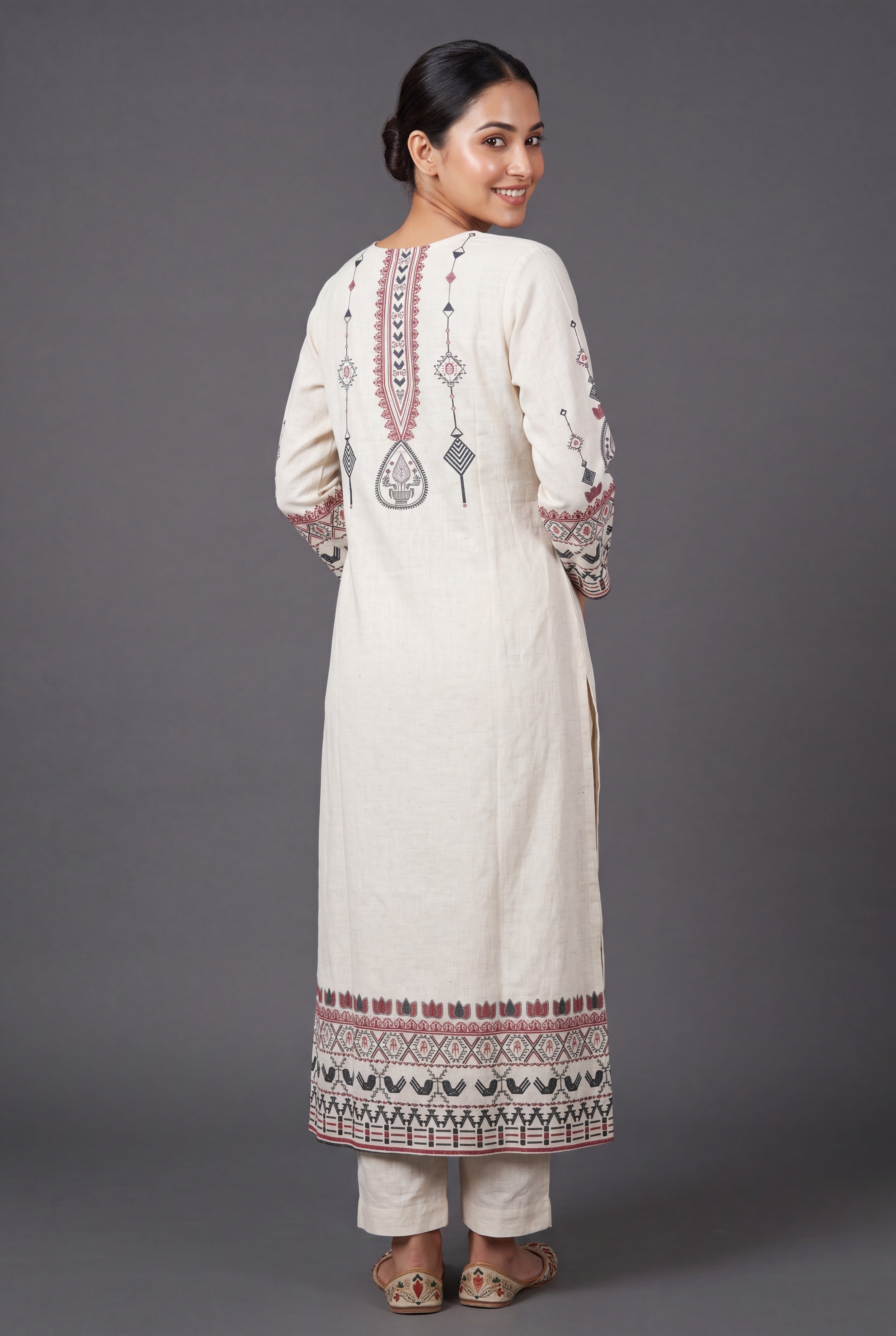 Cream Vasudha Khadi Cotton Kurti with Crimson Warli Tribal Print