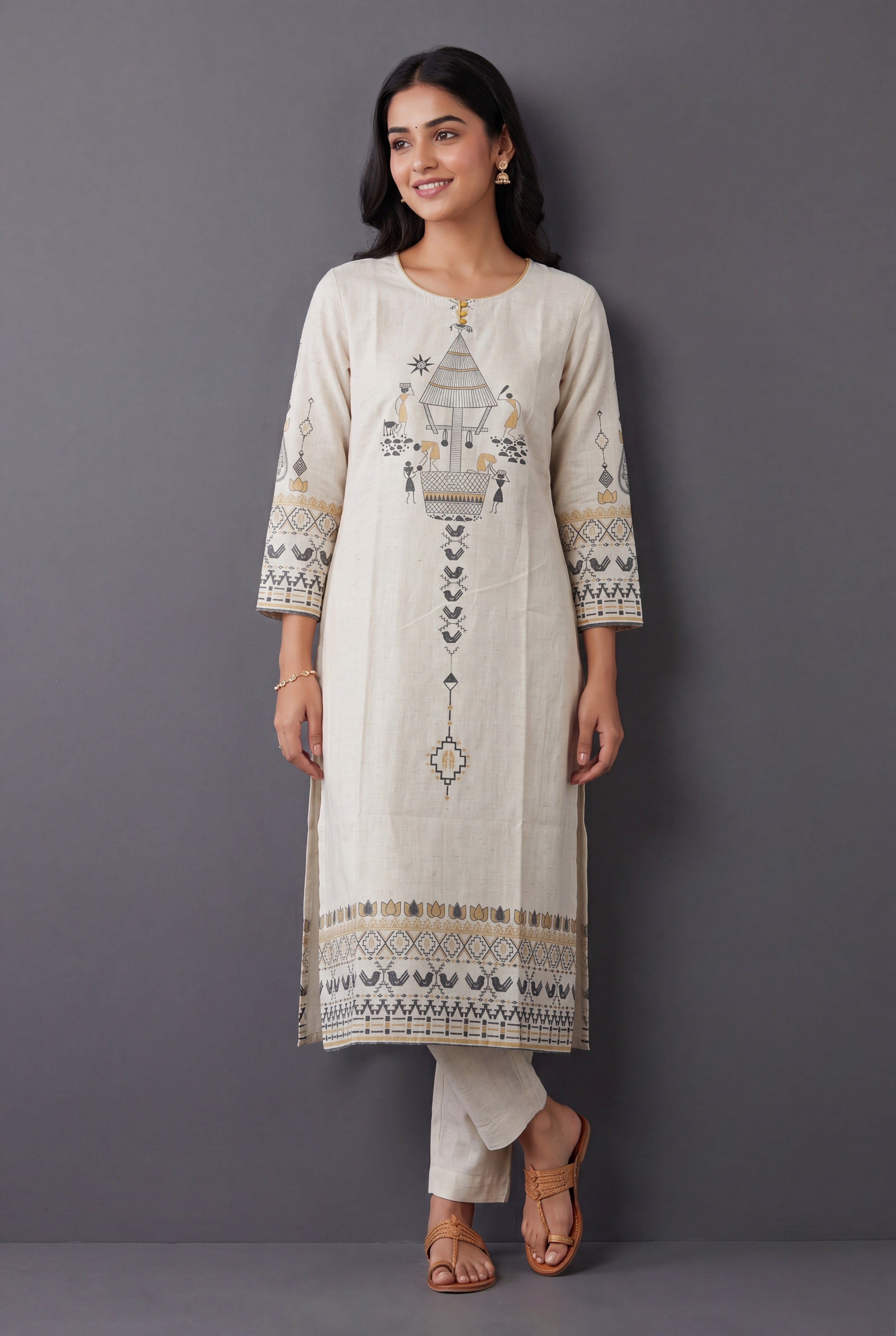 Cream Vasudha Khadi Cotton Kurti with Mustard Warli Tribal Print