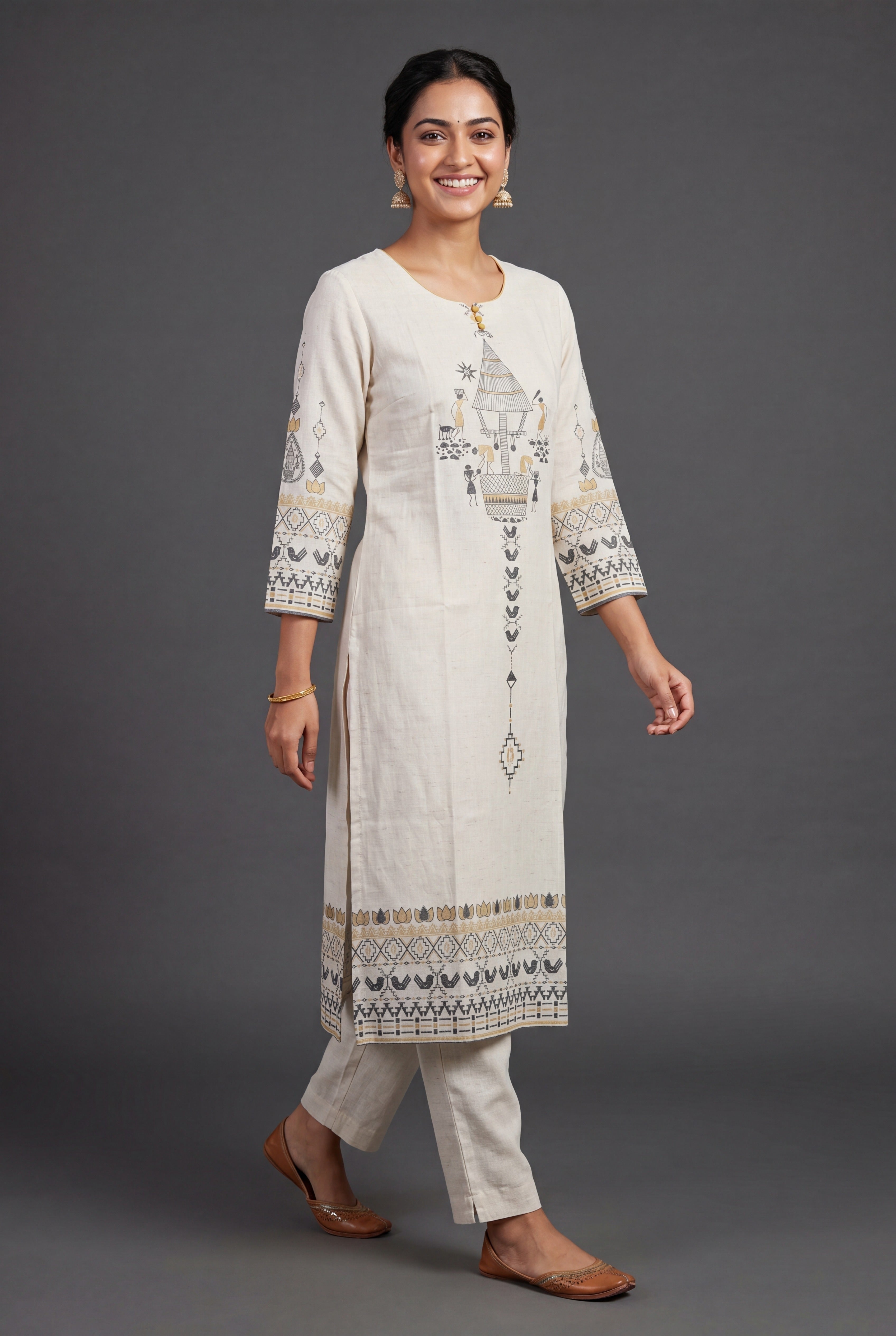 Cream Vasudha Khadi Cotton Kurti with Mustard Warli Tribal Print