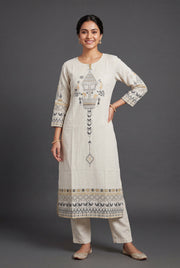 Cream Vasudha Khadi Cotton Kurti with Mustard Warli Tribal Print