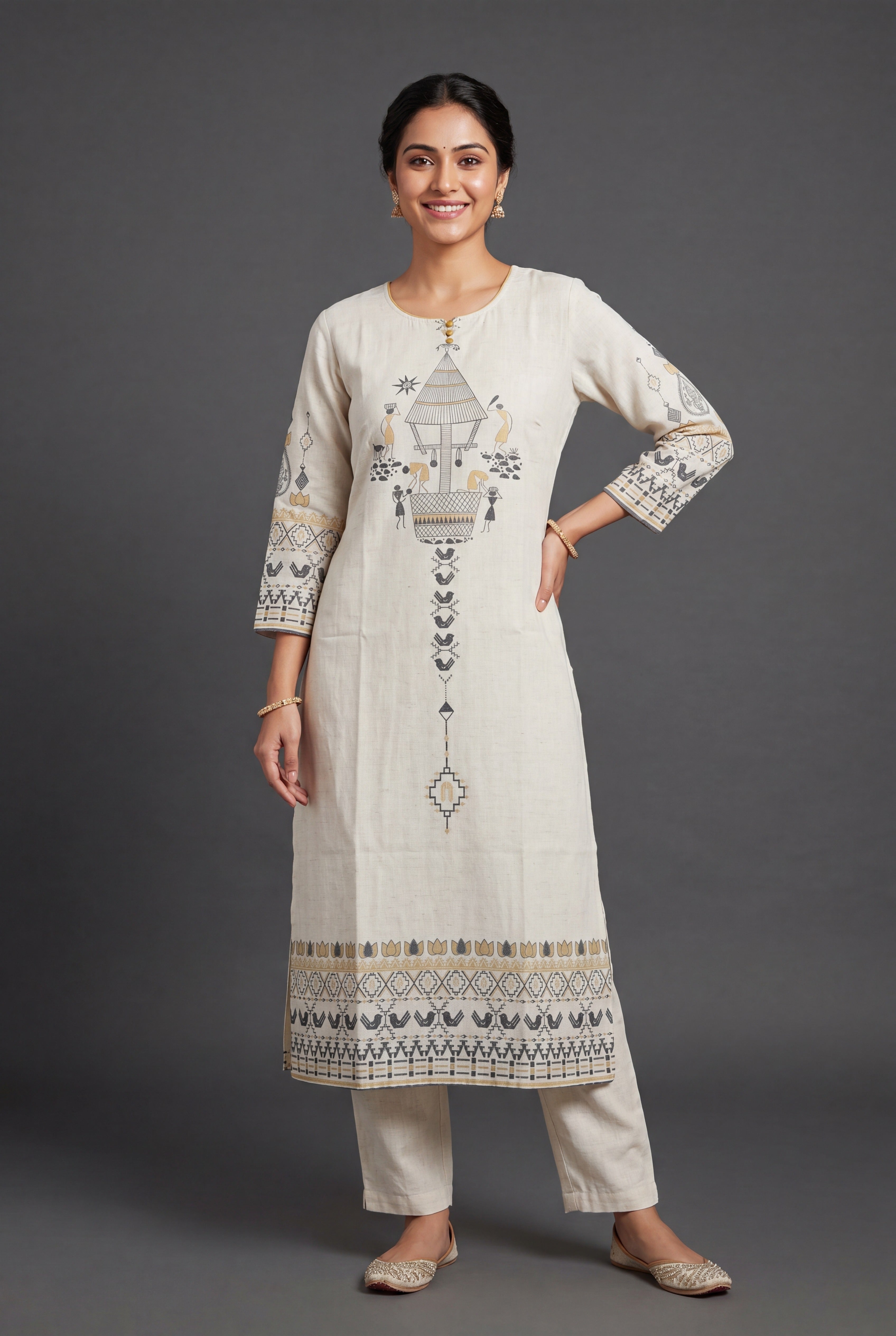 Cream Vasudha Khadi Cotton Kurti with Mustard Warli Tribal Print