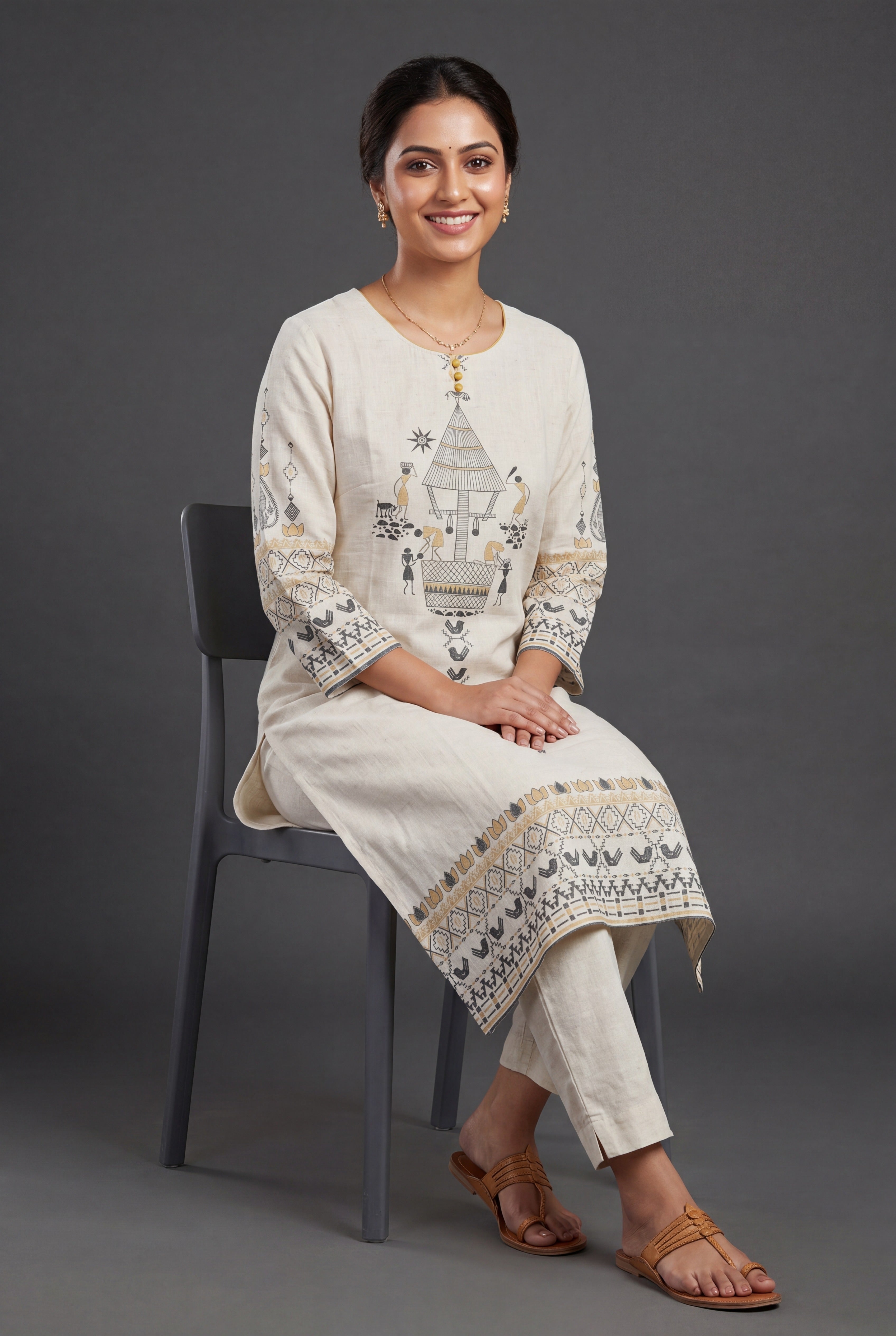 Cream Vasudha Khadi Cotton Kurti with Mustard Warli Tribal Print