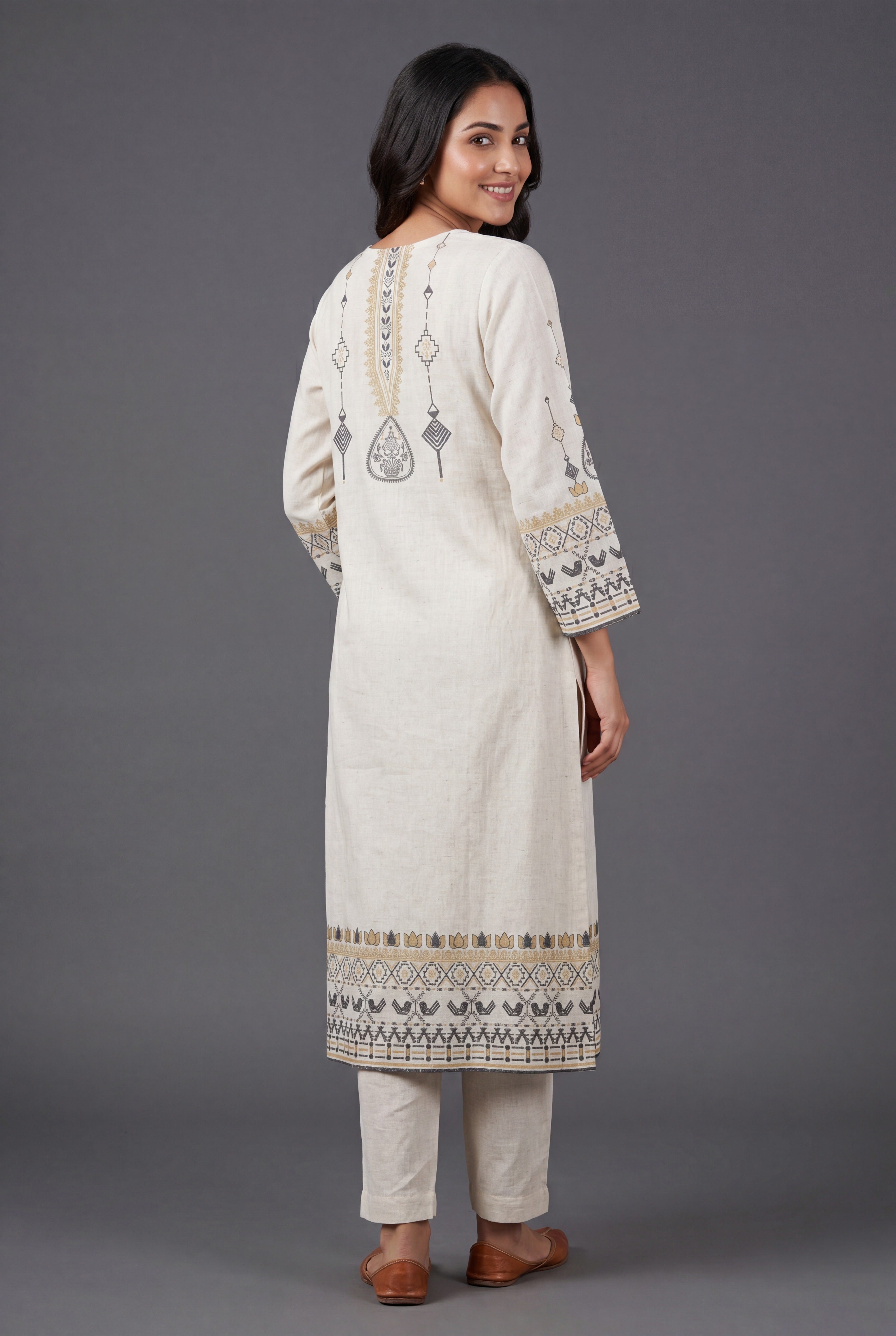 Cream Vasudha Khadi Cotton Kurti with Mustard Warli Tribal Print