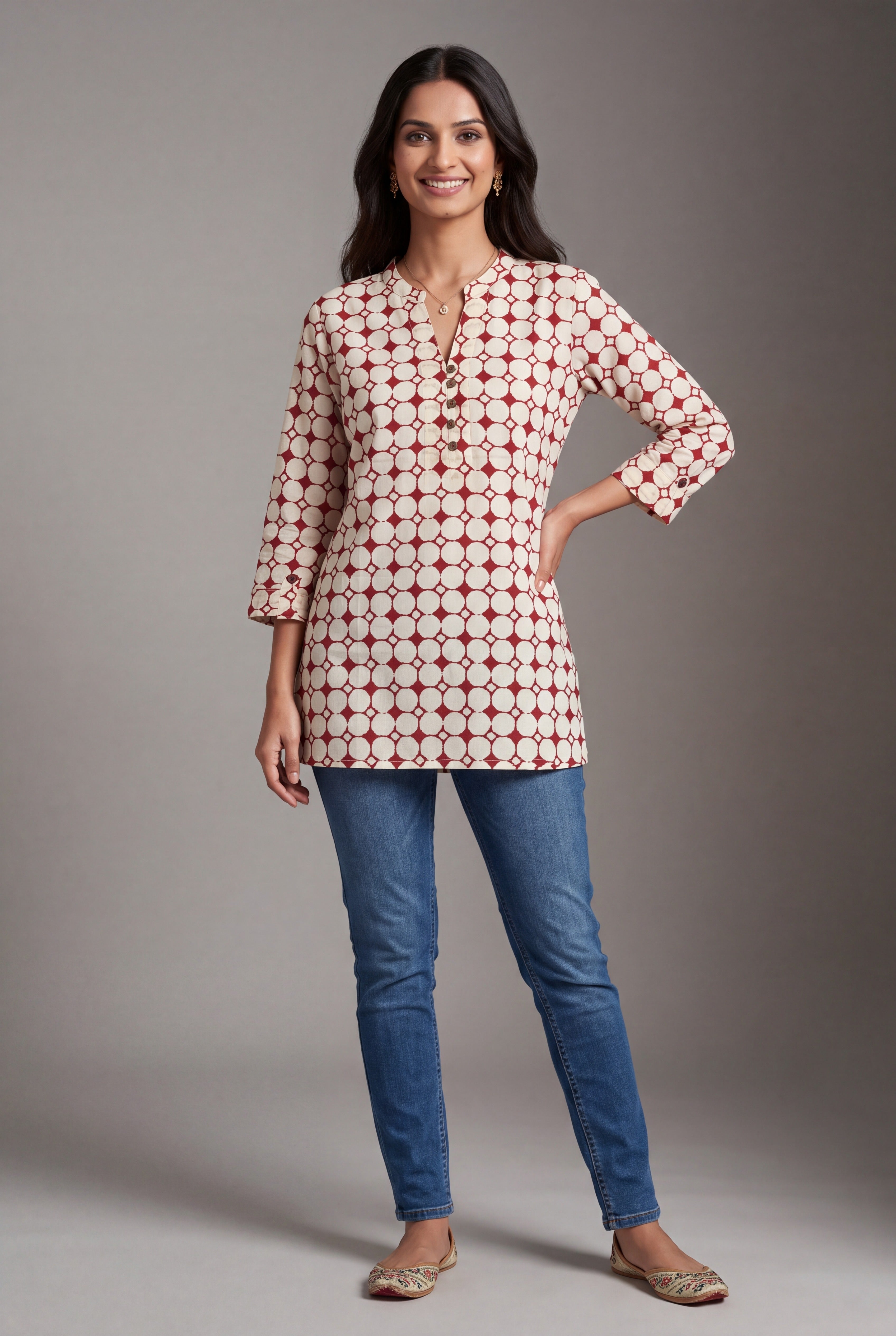 Cream and Crimson Pure Cotton Graha Kurti