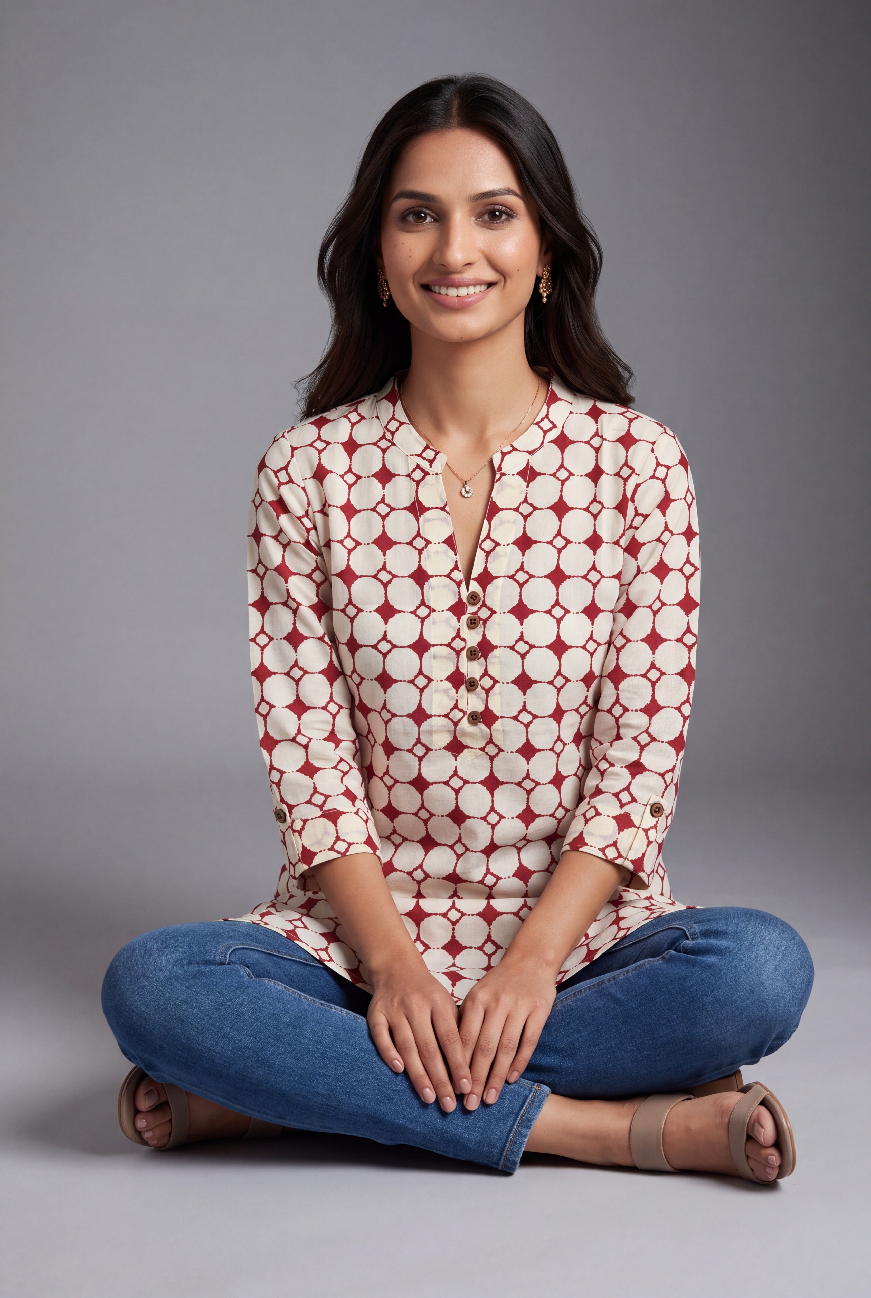 Cream and Crimson Pure Cotton Graha Kurti