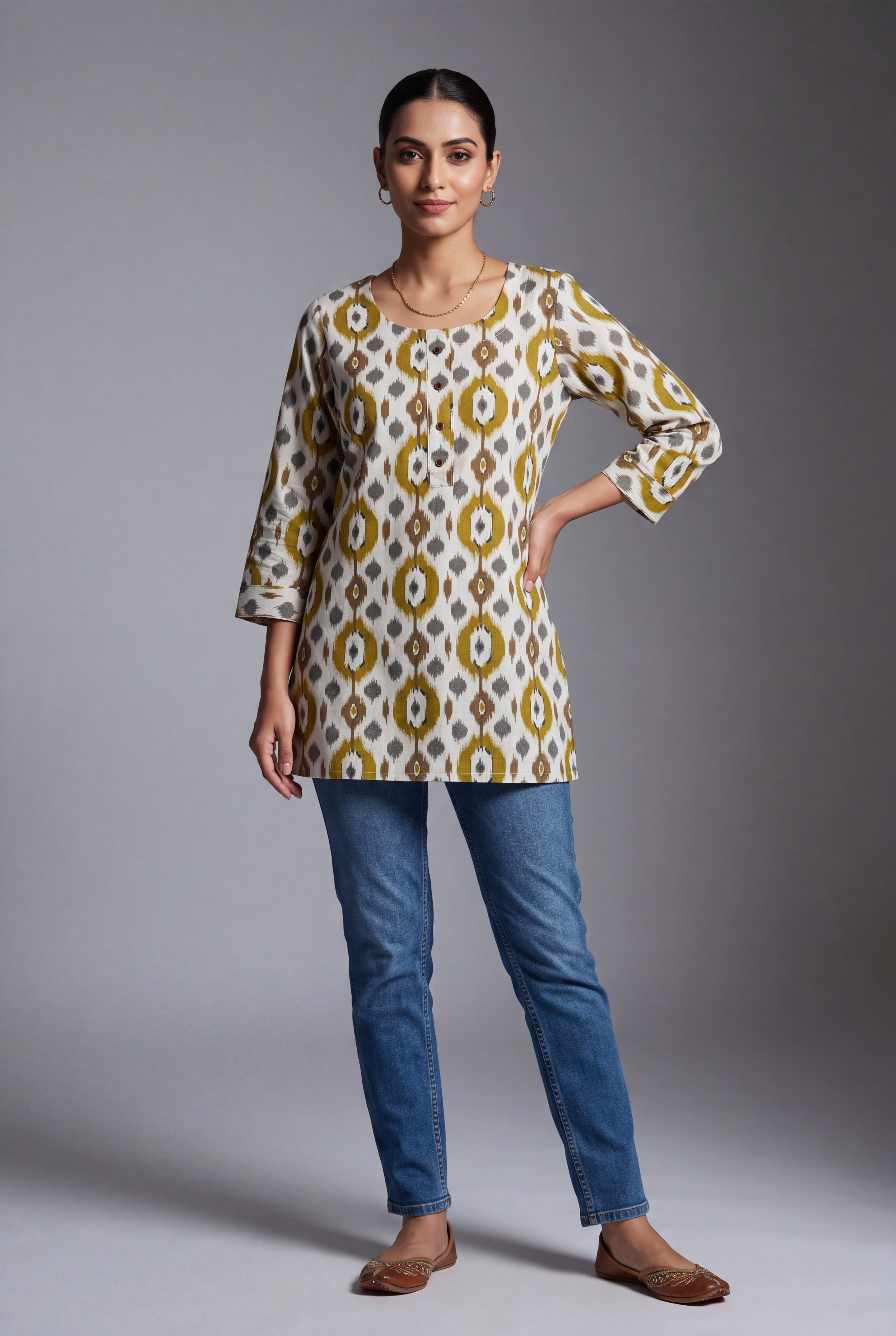 Cream and Haldi Khadi Cotton Pravāla Kurti