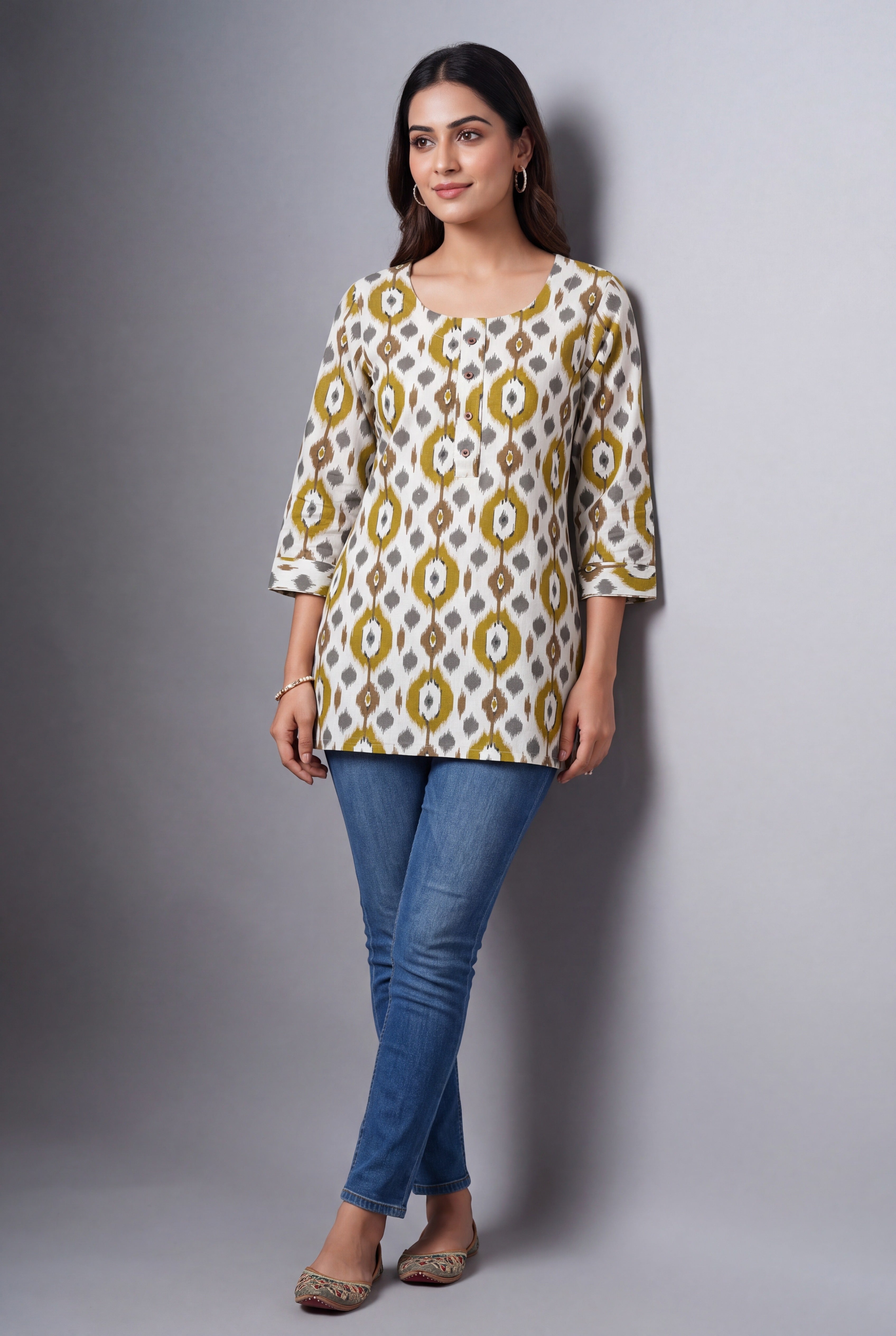 Cream and Haldi Khadi Cotton Pravāla Kurti