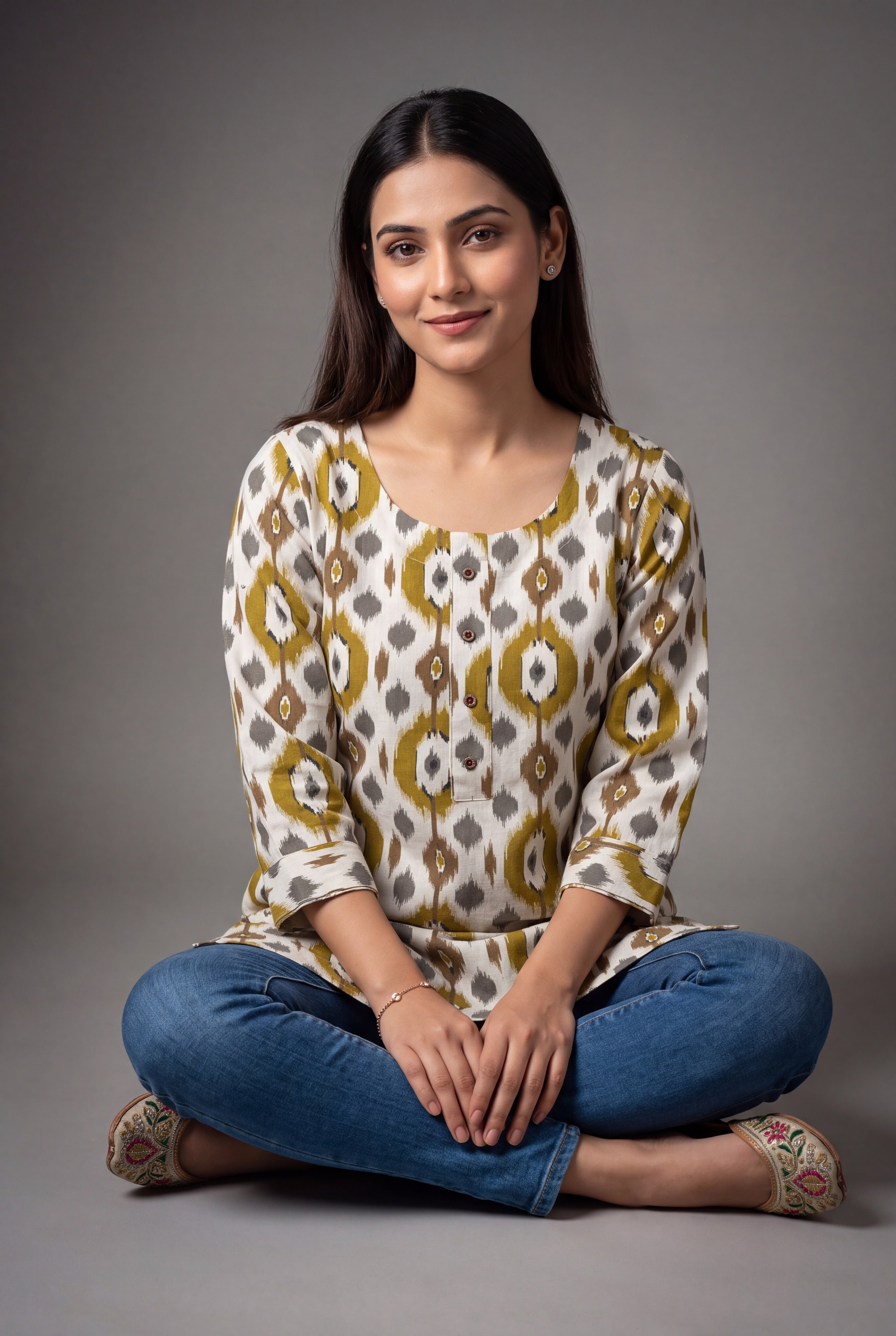 Cream and Haldi Khadi Cotton Pravāla Kurti