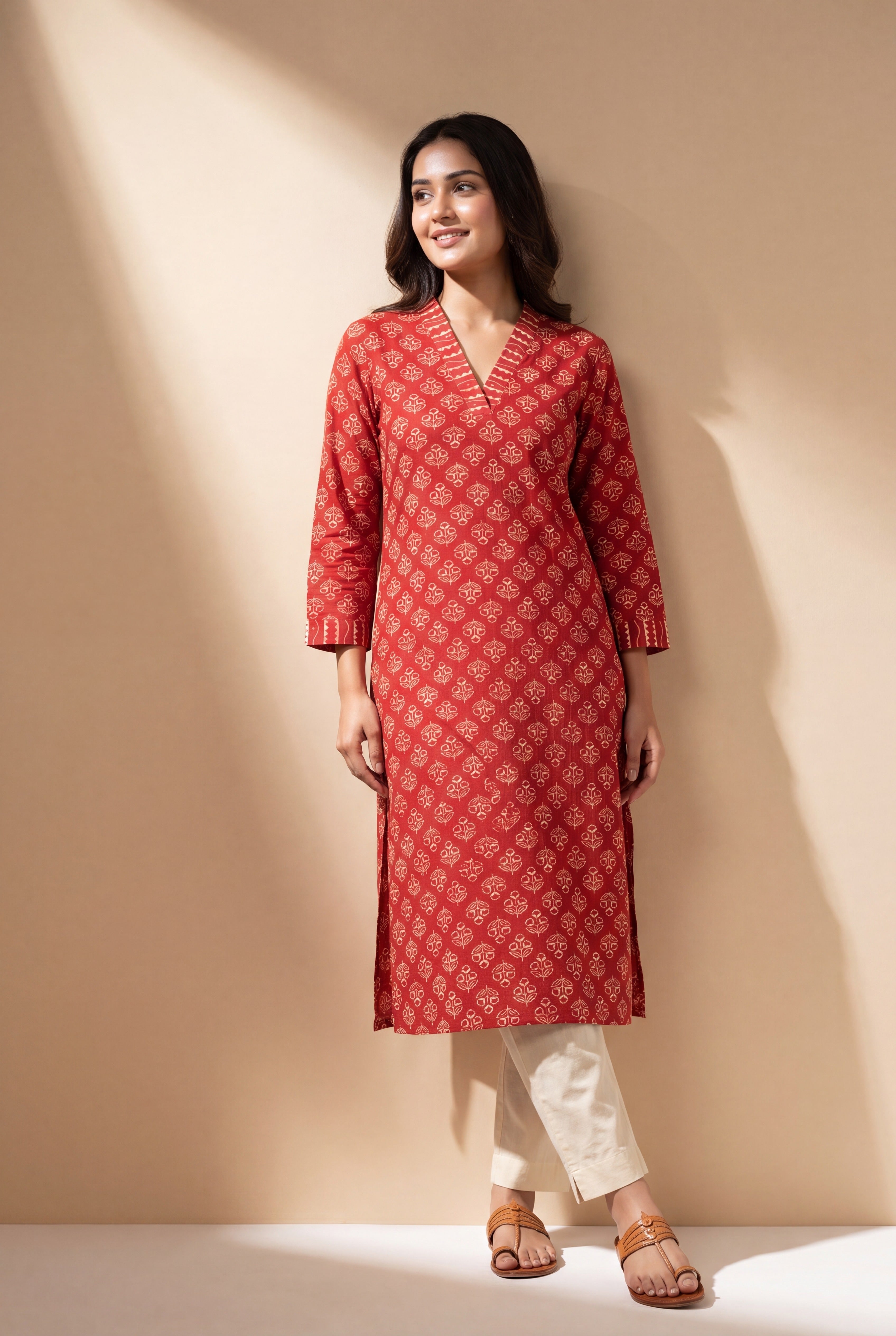 Crimson Gulab Kurti with Printed Floral Block Print