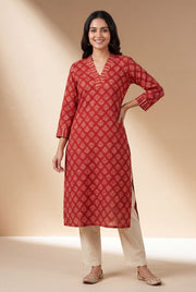 Crimson Gulab Kurti with Printed Floral Block Print