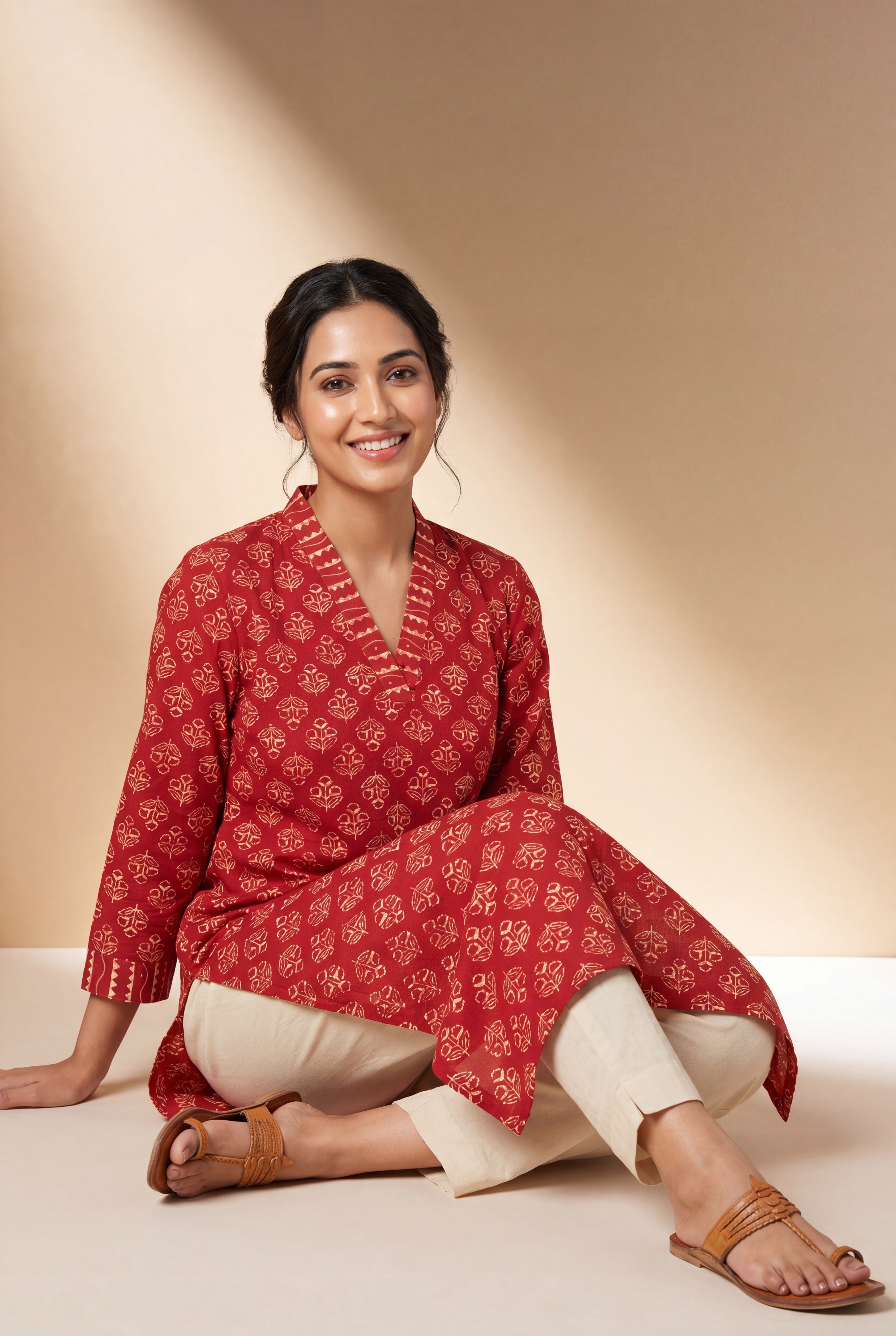 Crimson Gulab Kurti with Printed Floral Block Print