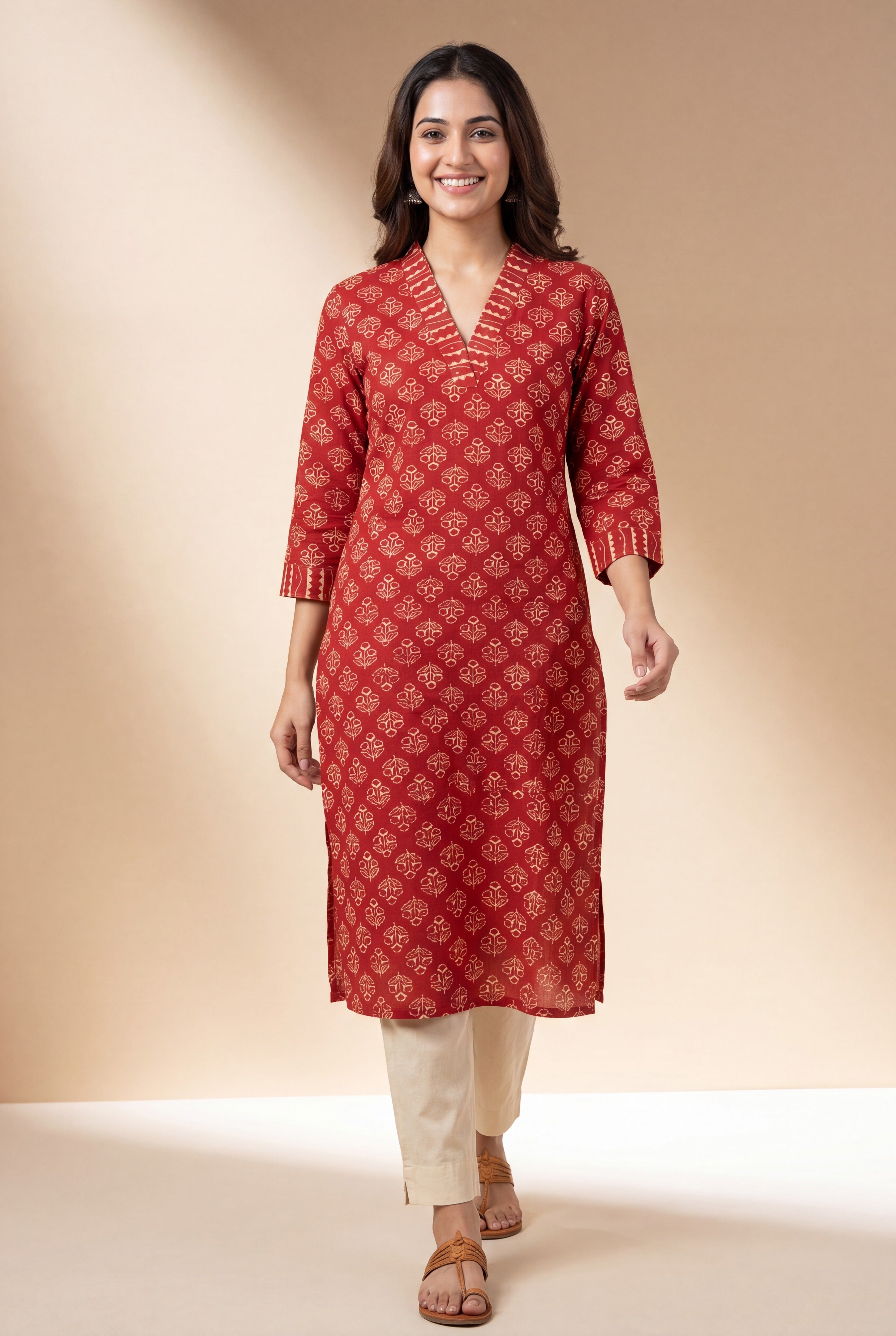 Crimson Gulab Kurti with Printed Floral Block Print