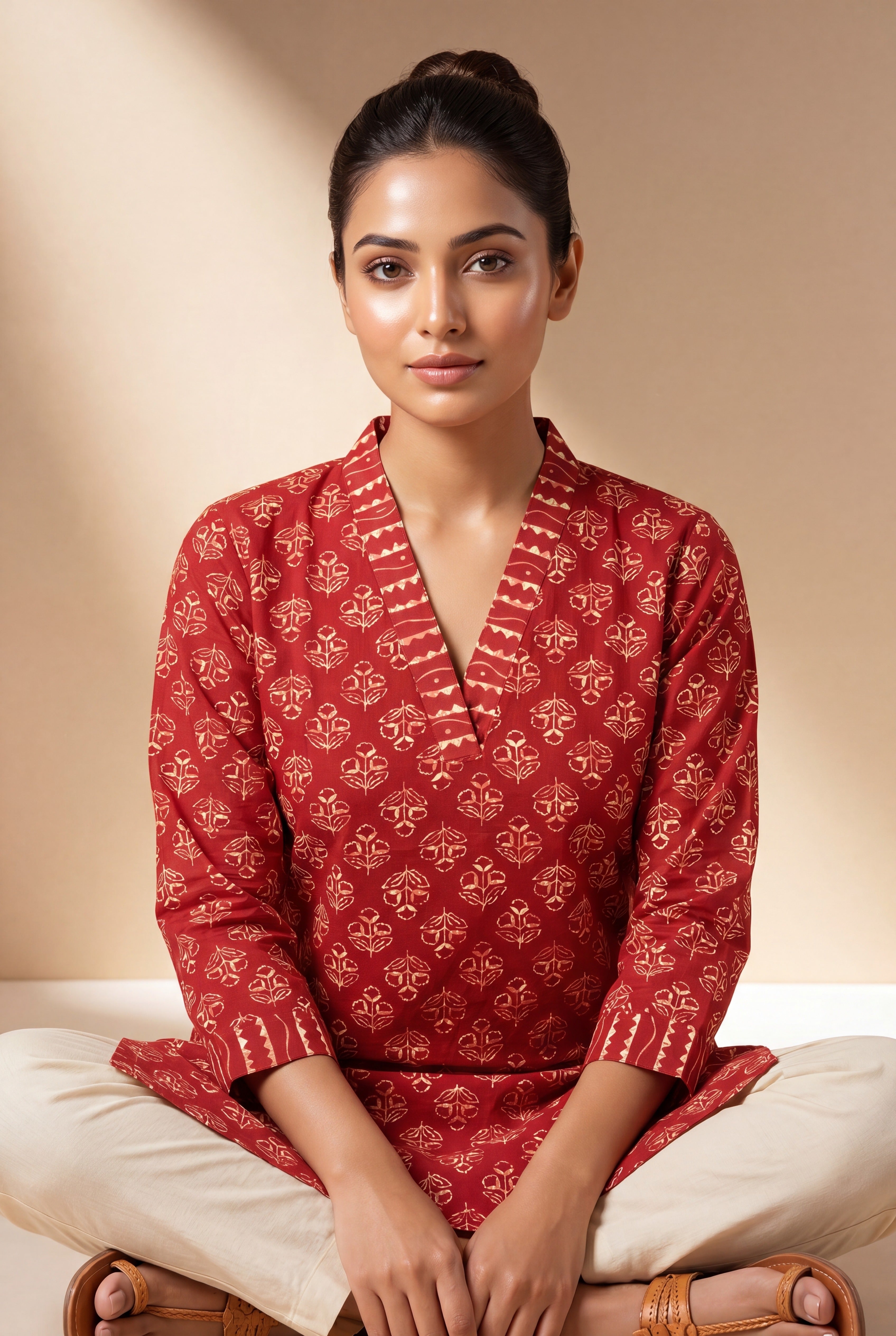 Crimson Gulab Kurti with Printed Floral Block Print