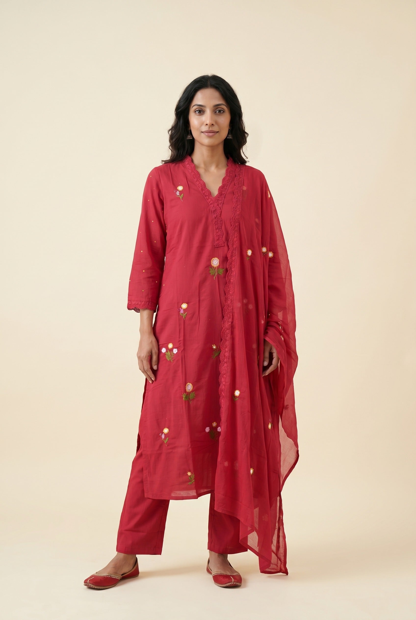 Crimson Gulnaar Cotton Suit Set