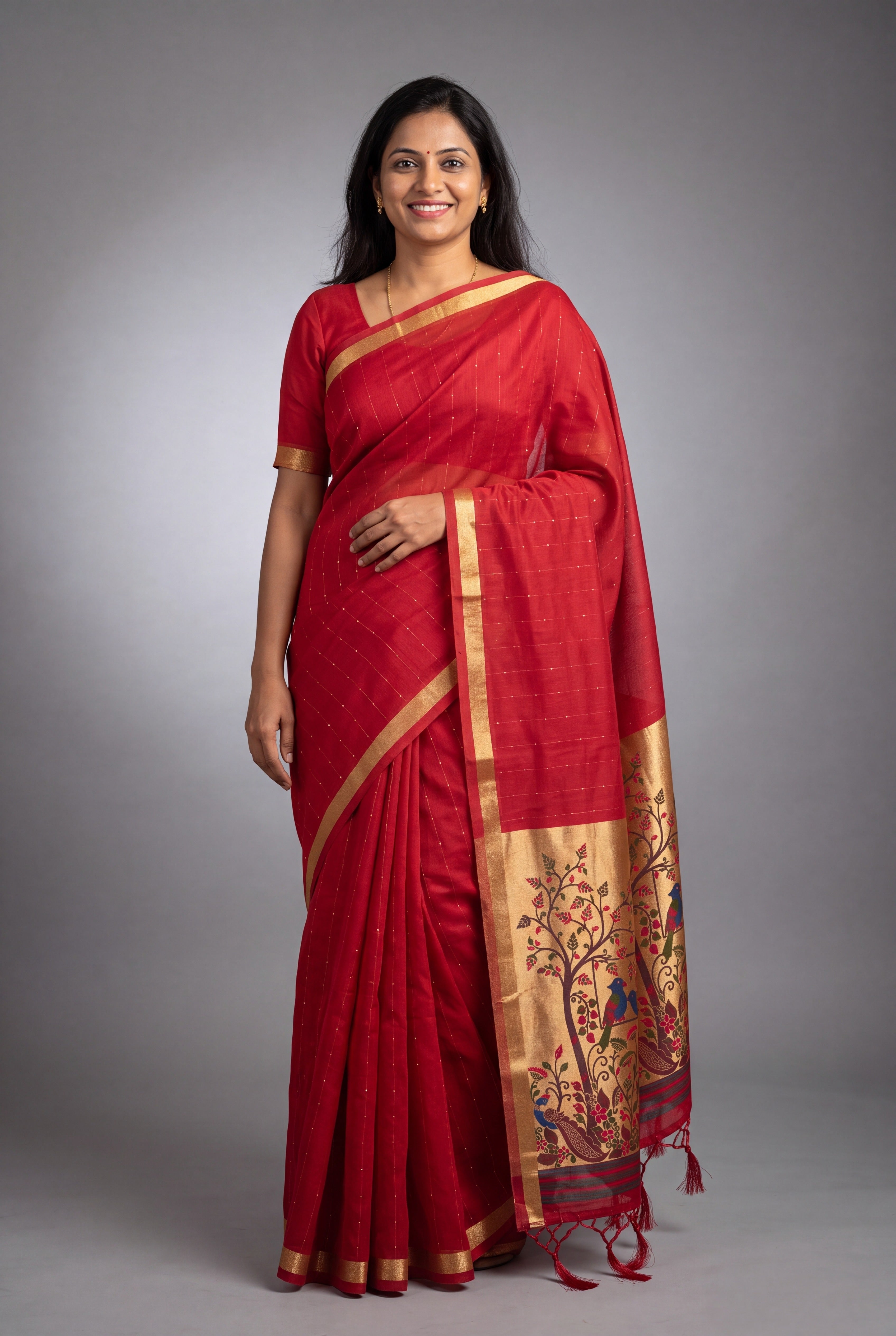 Crimson Red Jamdhani Cotton Paithani with Tarumayūra Pallu and Lakdipatta border