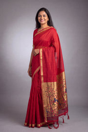 Crimson Red Jamdhani Cotton Paithani with Tarumayūra Pallu and Lakdipatta border