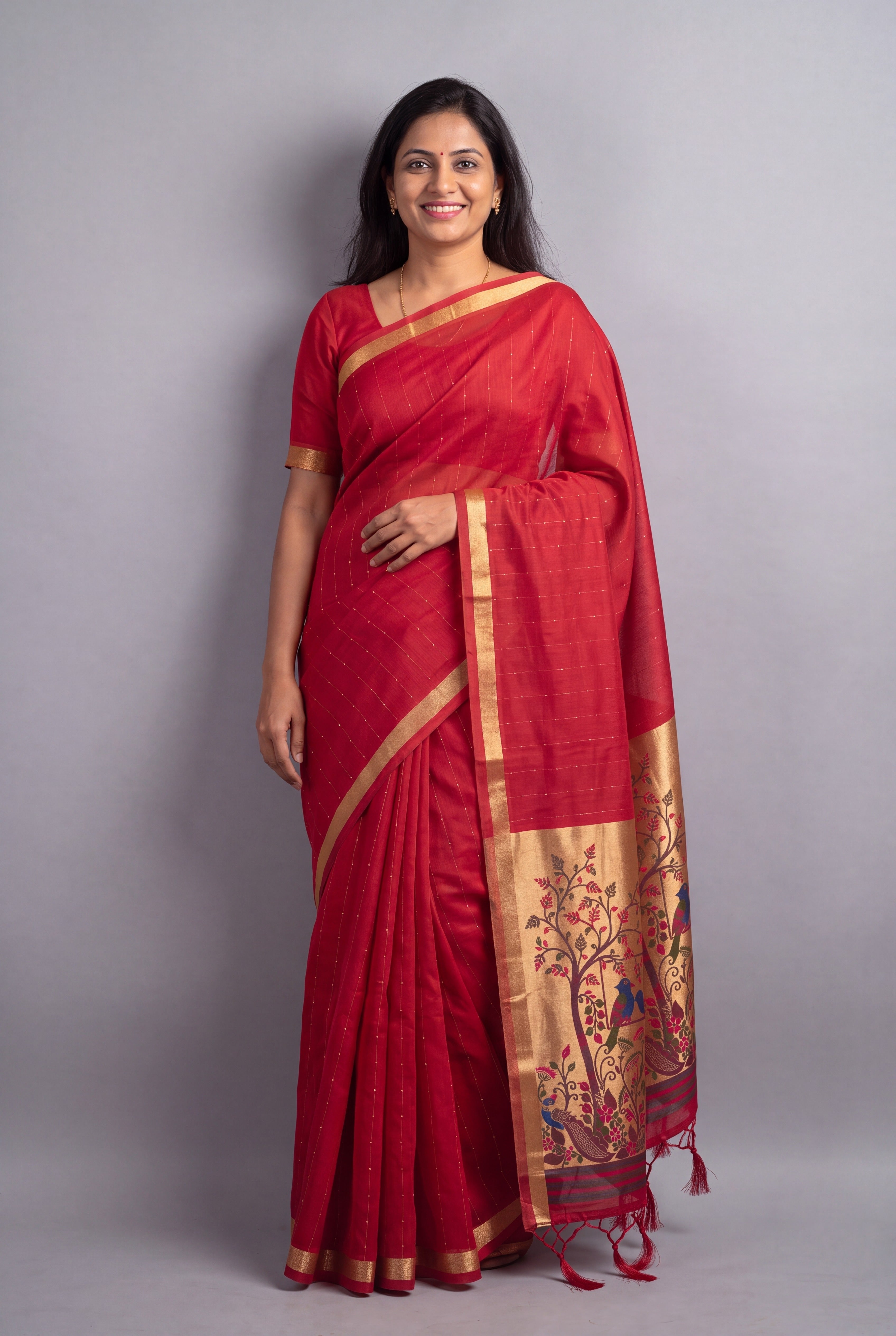 Crimson Red Jamdhani Cotton Paithani with Tarumayūra Pallu and Lakdipatta border