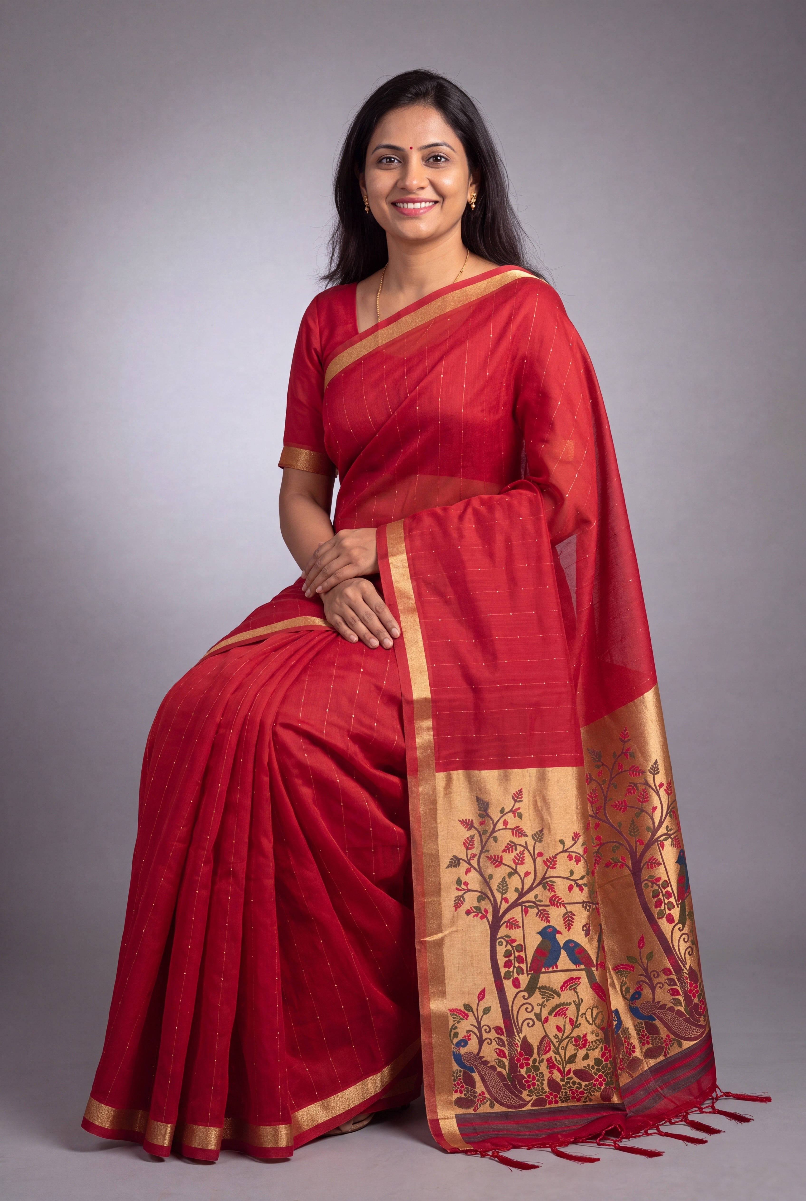 Crimson Red Jamdhani Cotton Paithani with Tarumayūra Pallu and Lakdipatta border