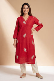 Crimson Red Kurti with Mor Barha Zari Print