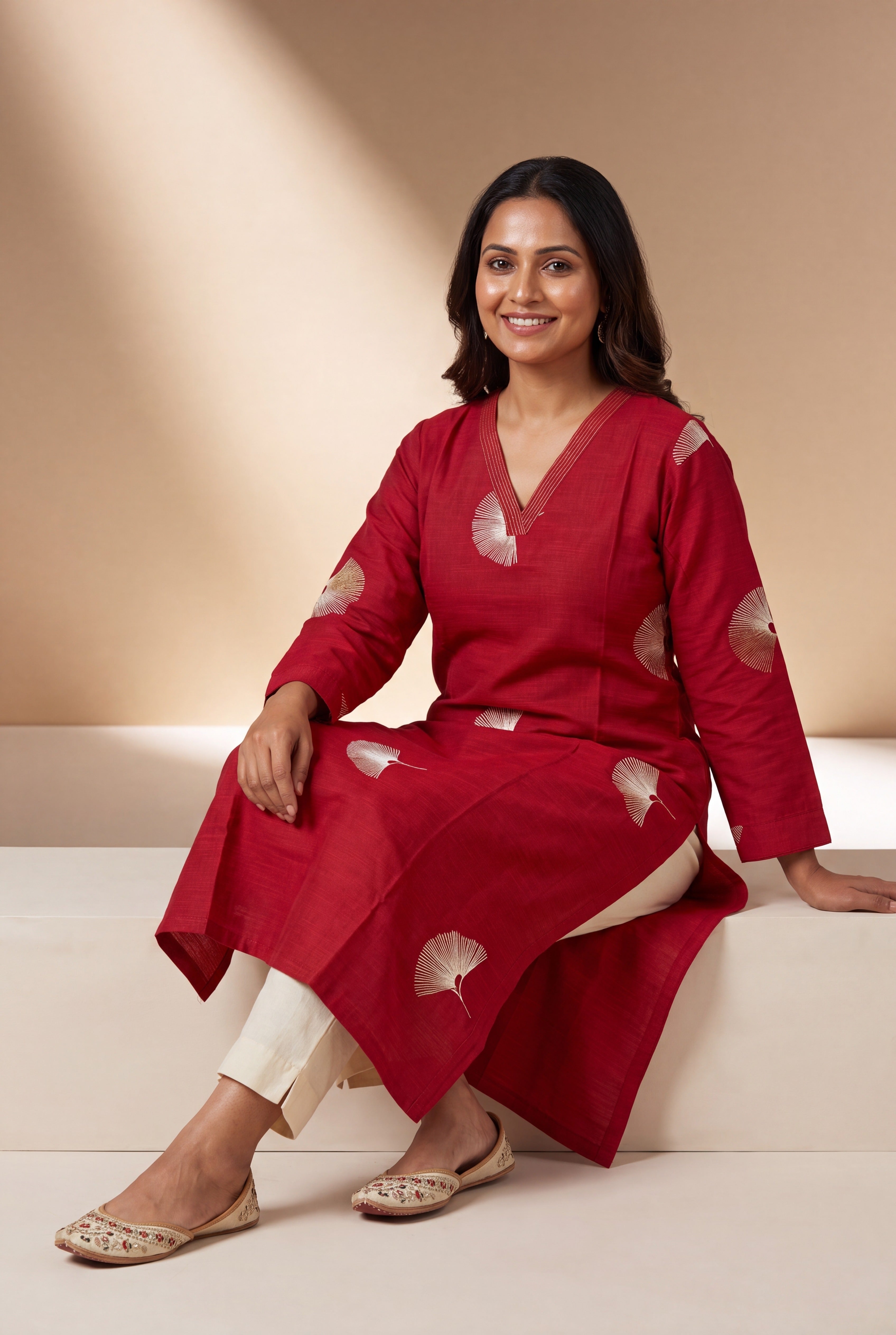 Crimson Red Kurti with Mor Barha Zari Print