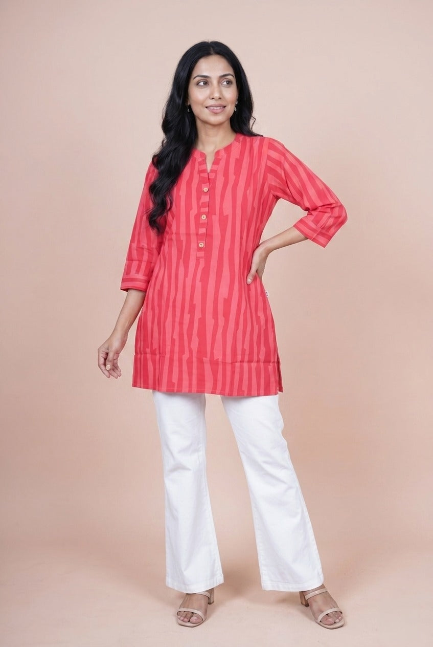 Crimson Red Striped Short Kurti