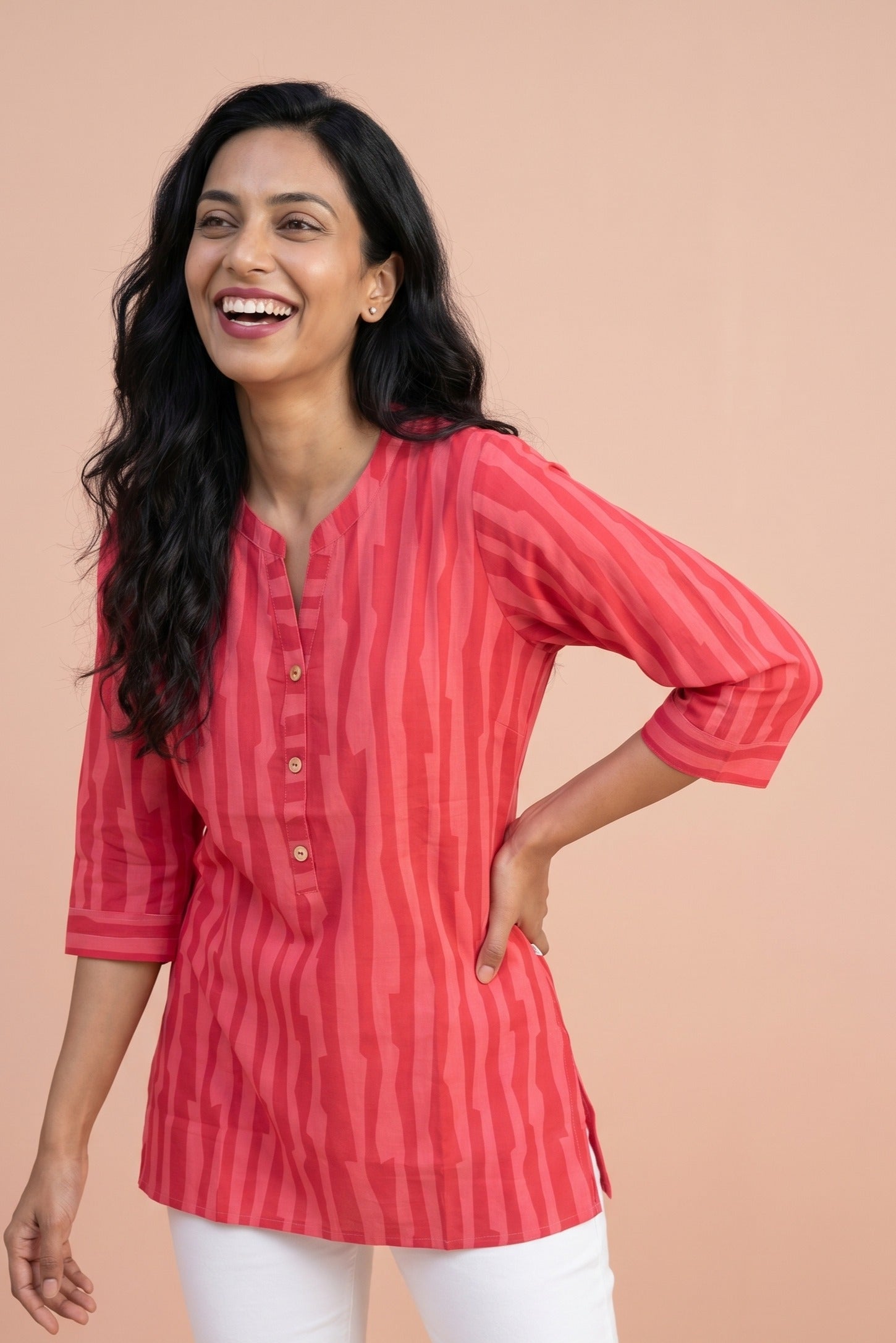 Crimson Red Striped Short Kurti