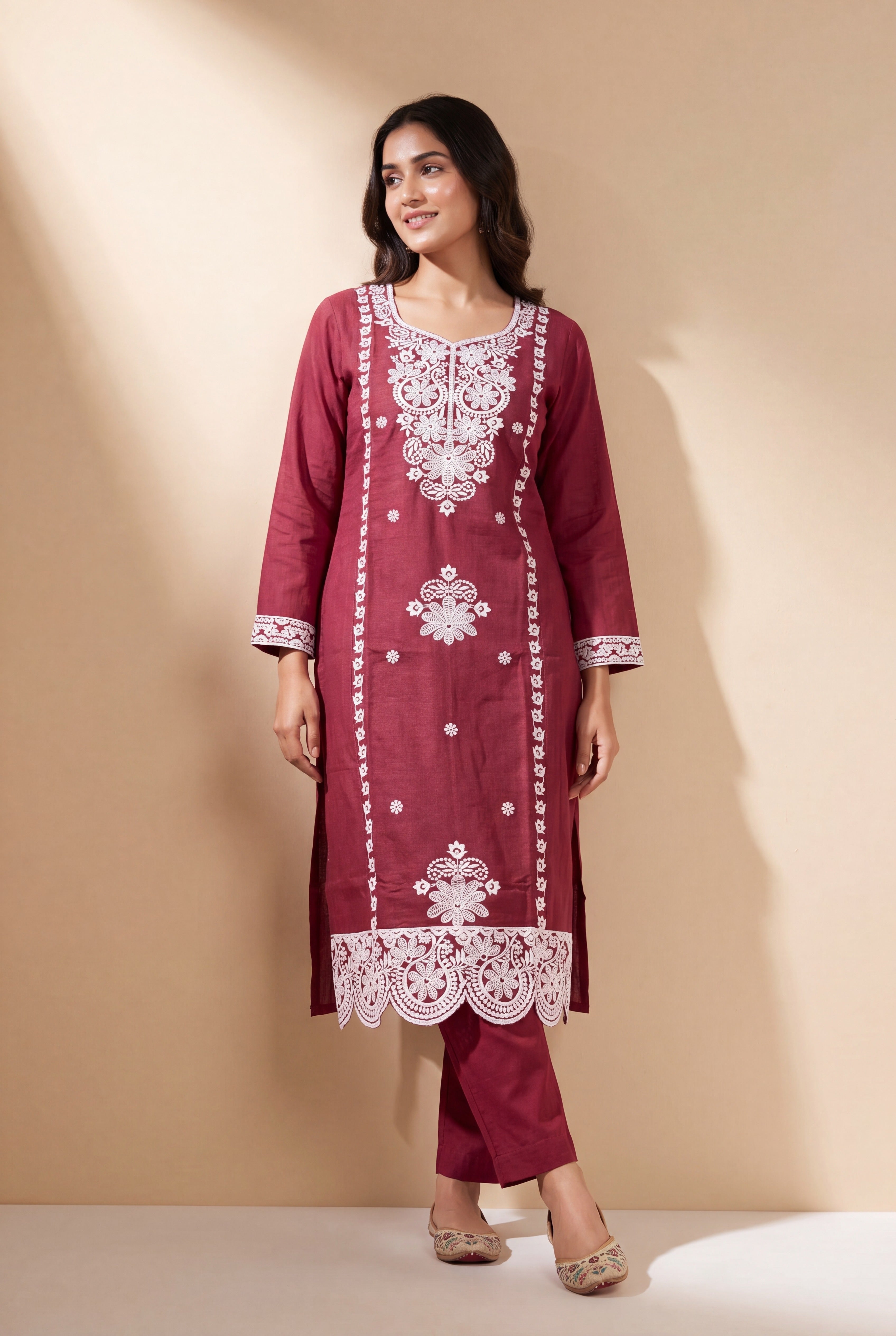 Crimson Red Sumana Kurti with Chikankari work