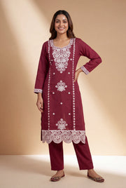 Crimson Red Sumana Kurti with Chikankari work