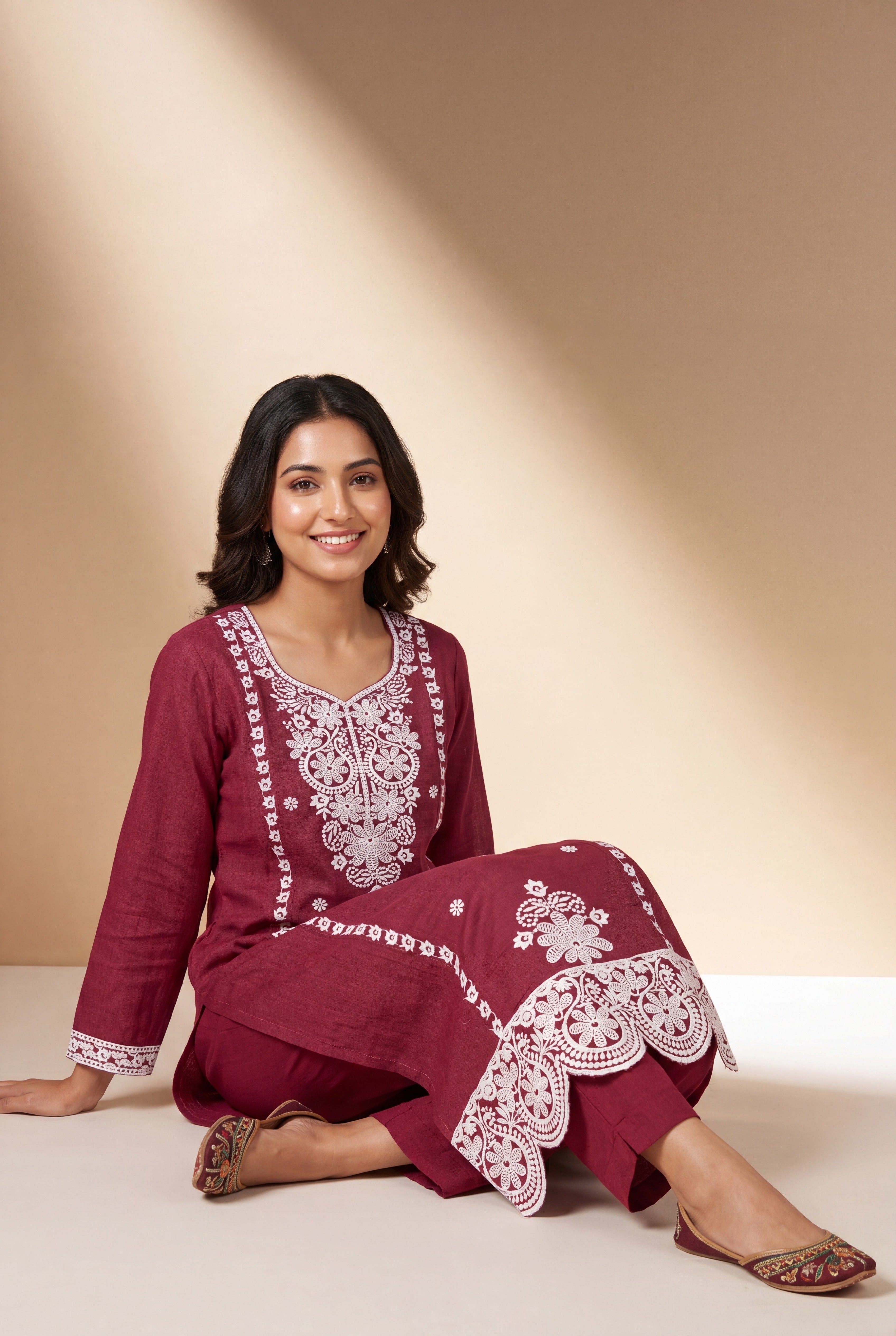 Crimson Red Sumana Kurti with Chikankari work