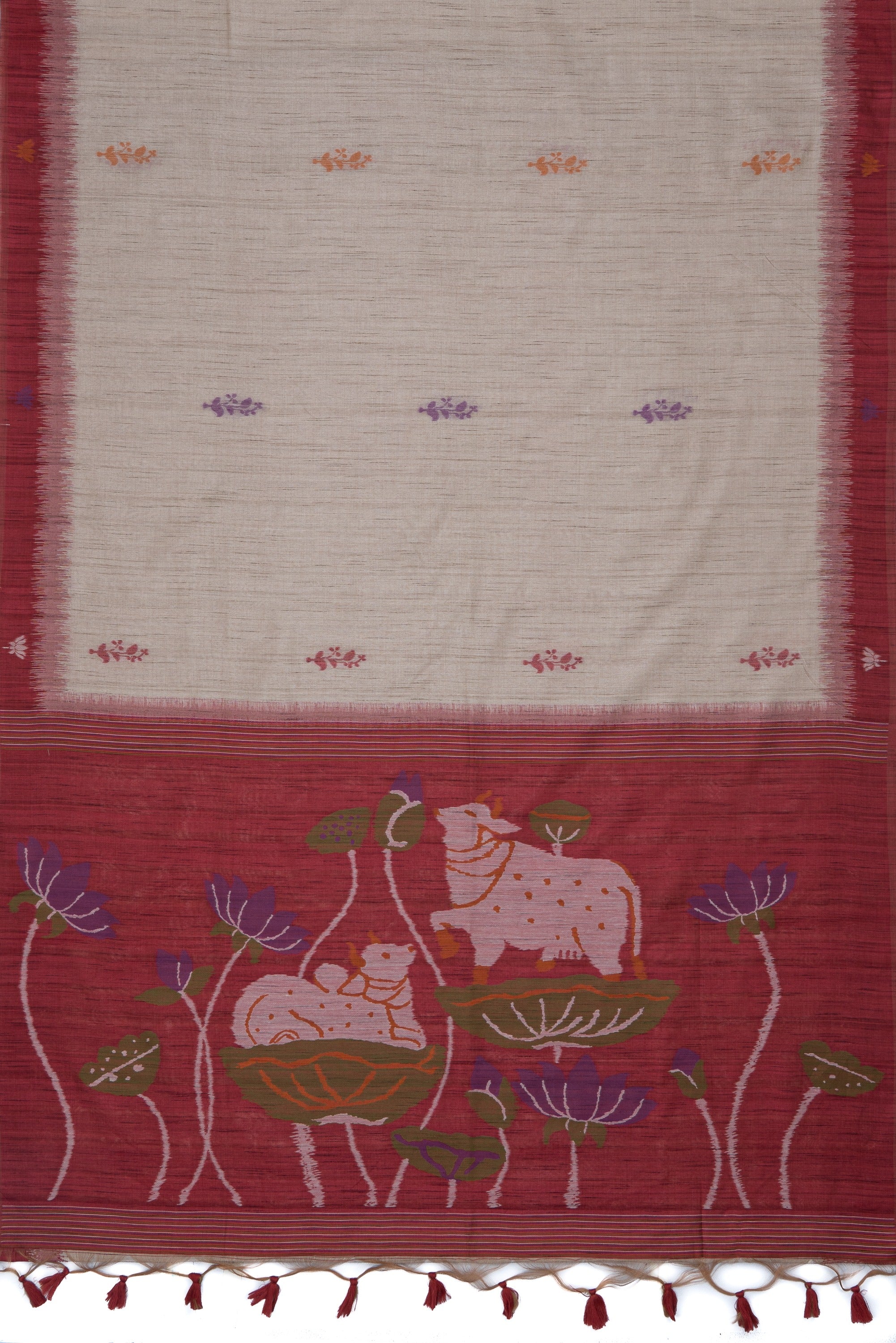 Crimson and Cream Paithani-Concept Saree with Nandi Pallu and Floral Pallu