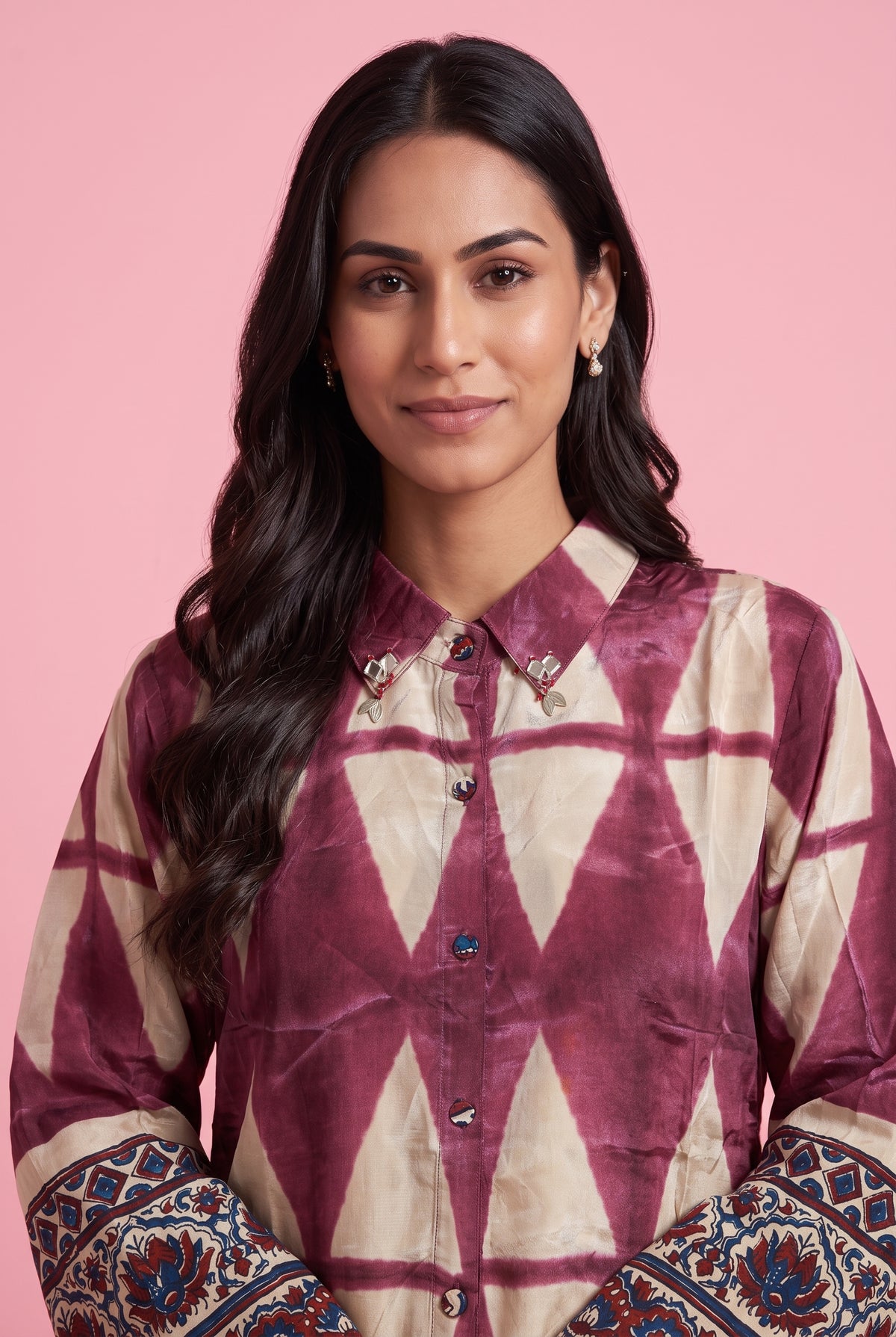 Rose and Ivory Geometric Print Shirt with Ajrakh Print Sleeves