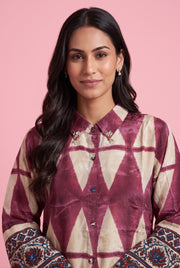 Rose and Ivory Geometric Print Shirt with Ajrakh Print Sleeves